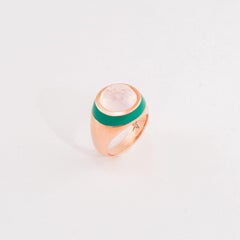 Sea of Roses Enamel Ring with Cabochon Rose Quartz in Rose Gold