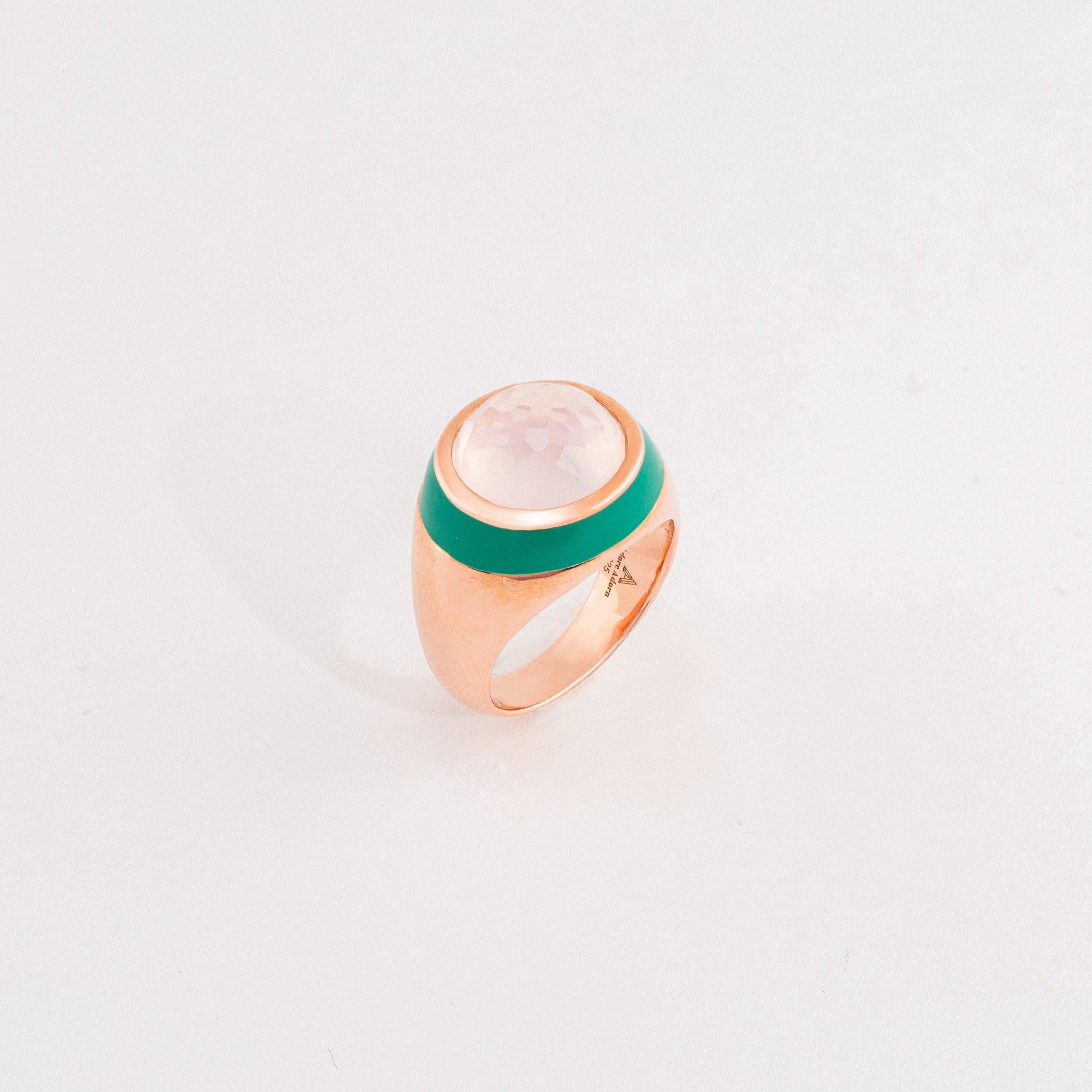 Aesthetic Movement Sea of Roses Enamel Ring with Cabochon Rose Quartz in Rose Gold For Sale