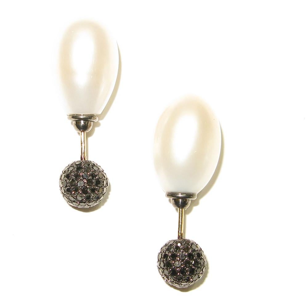 Women's Fresh Water Pearl Drop & Pave Diamond Ball Tunnel Earring Made In 18k Gold For Sale