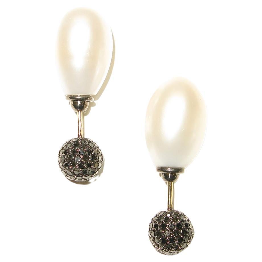Fresh Water Pearl Drop & Pave Diamond Ball Tunnel Earring Made In 18k Gold For Sale