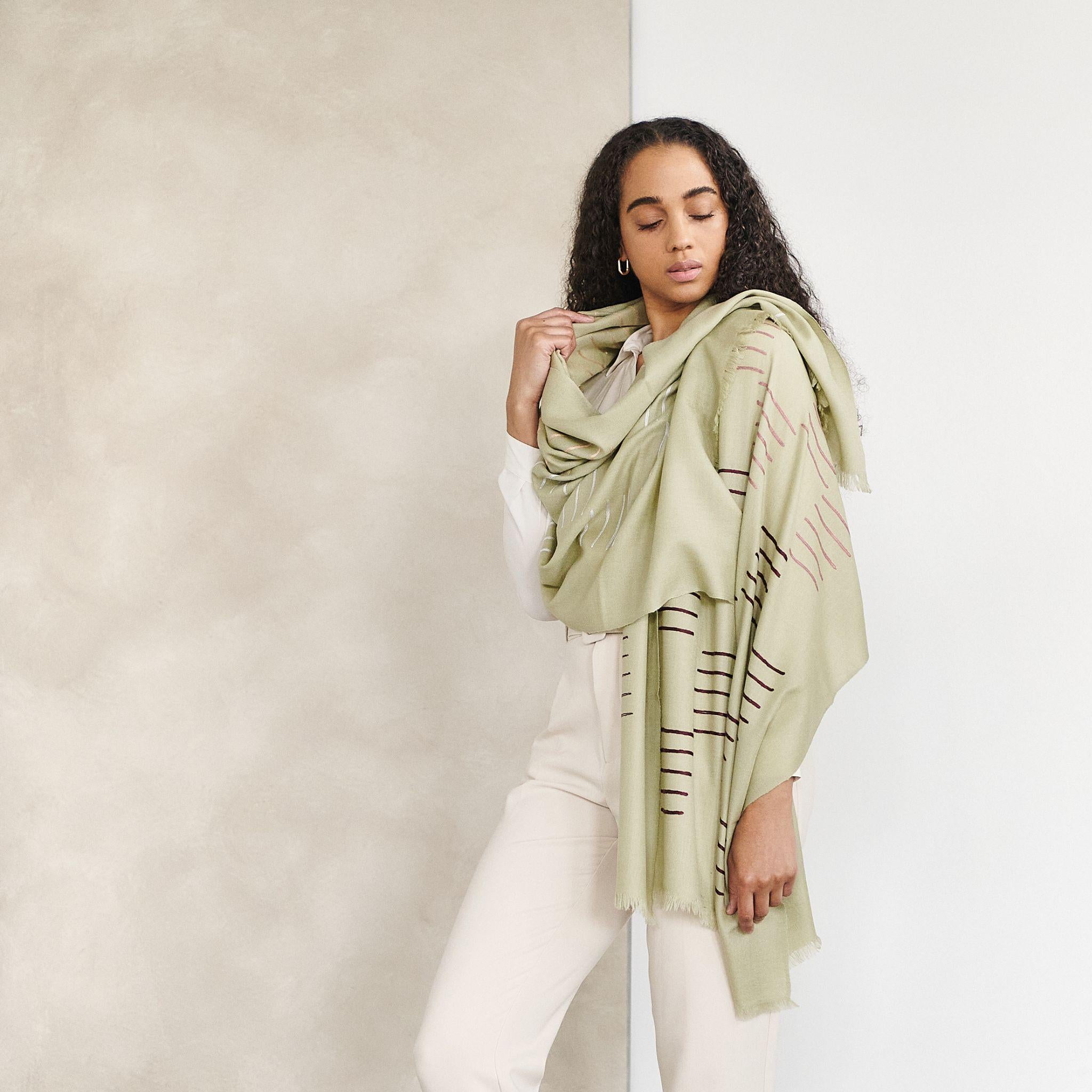 Sea Salt Hand Embroidered Hand Woven Modern Artisanal Scarf 4