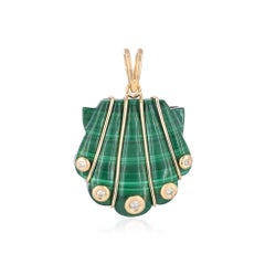 Sea Shell Charm Natural Diamond Solid 14k Yellow Gold Malachite Gemstone Pendant