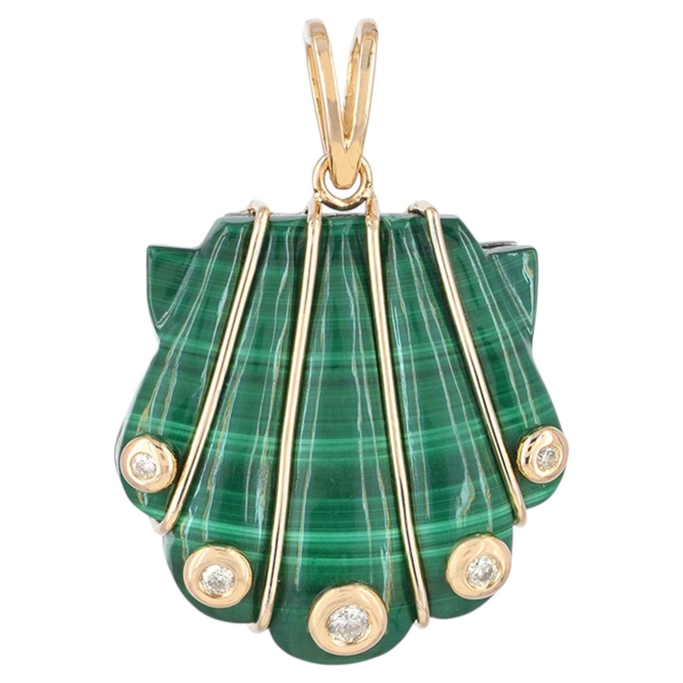 Sea Shell Charm Natural Diamond Solid 14k Yellow Gold Malachite Gemstone Pendant