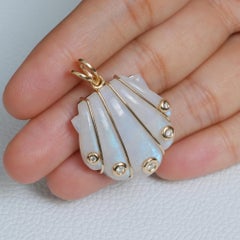 Sea Shell Charm Natural Diamond Solid 14k Yellow Gold Rainbow Moonstone Pendant