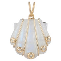 Sea Shell Charm Natural Diamond Solid 14k Yellow Gold Rainbow Moonstone Pendant