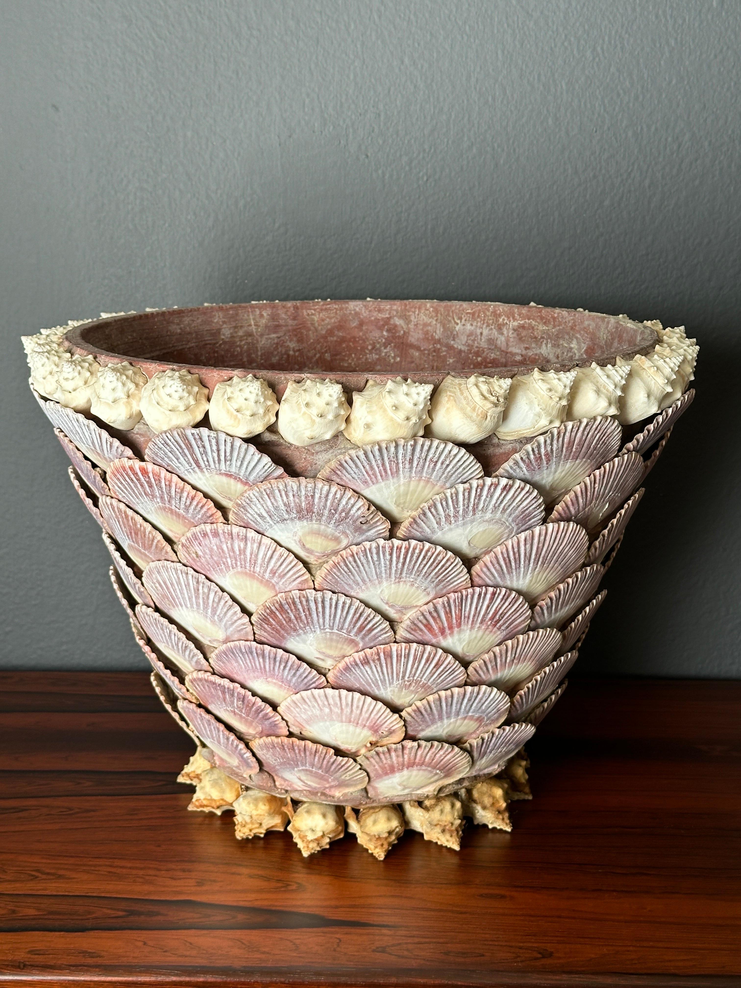 Palm Beach Hollywood Regency terracotta and sea shell planter. One scallop shell is broken ( shown in photo )