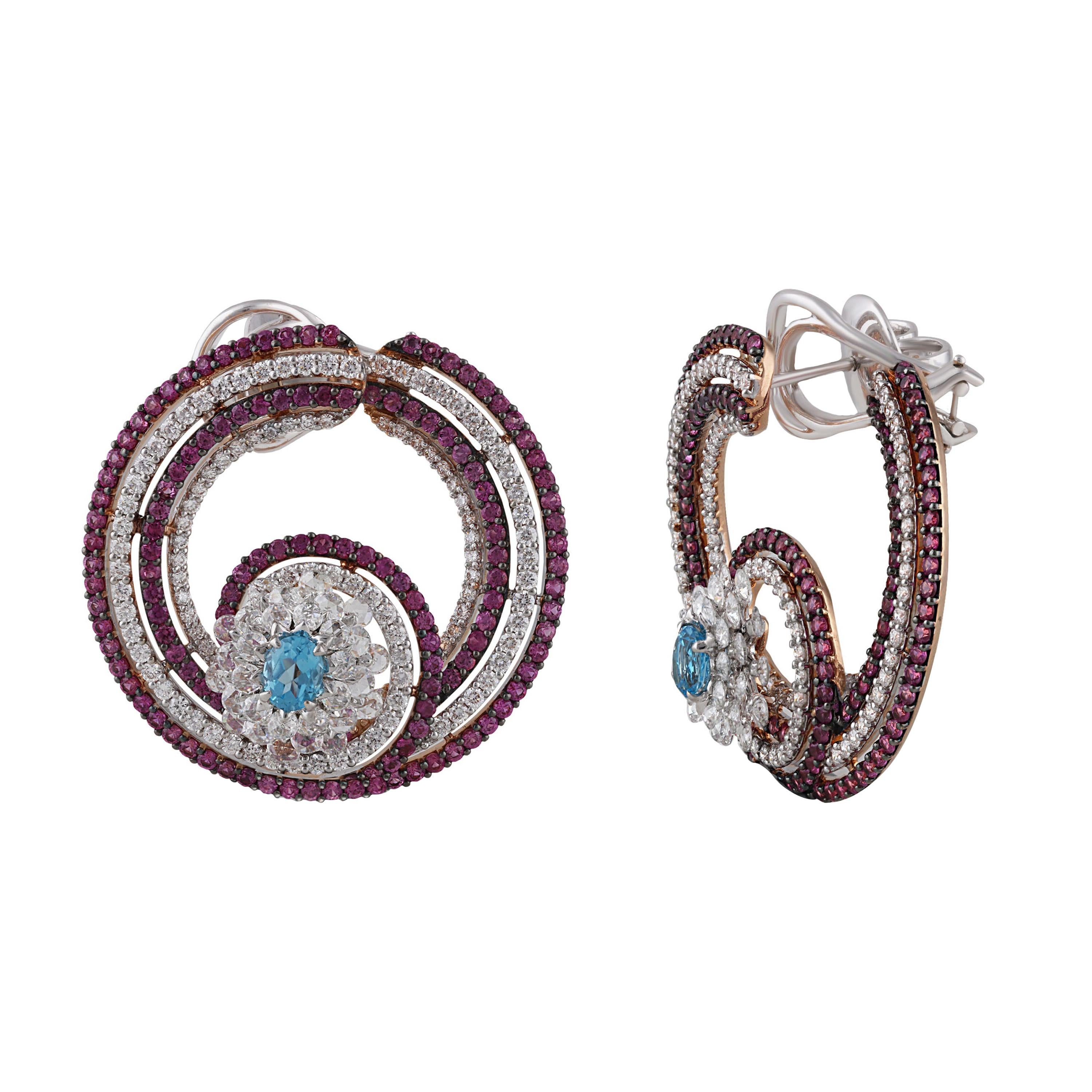 Studio Rêves Sea Shell Diamonds and Pink Sapphire Hoop Earrings in 18 Karat Gold For Sale