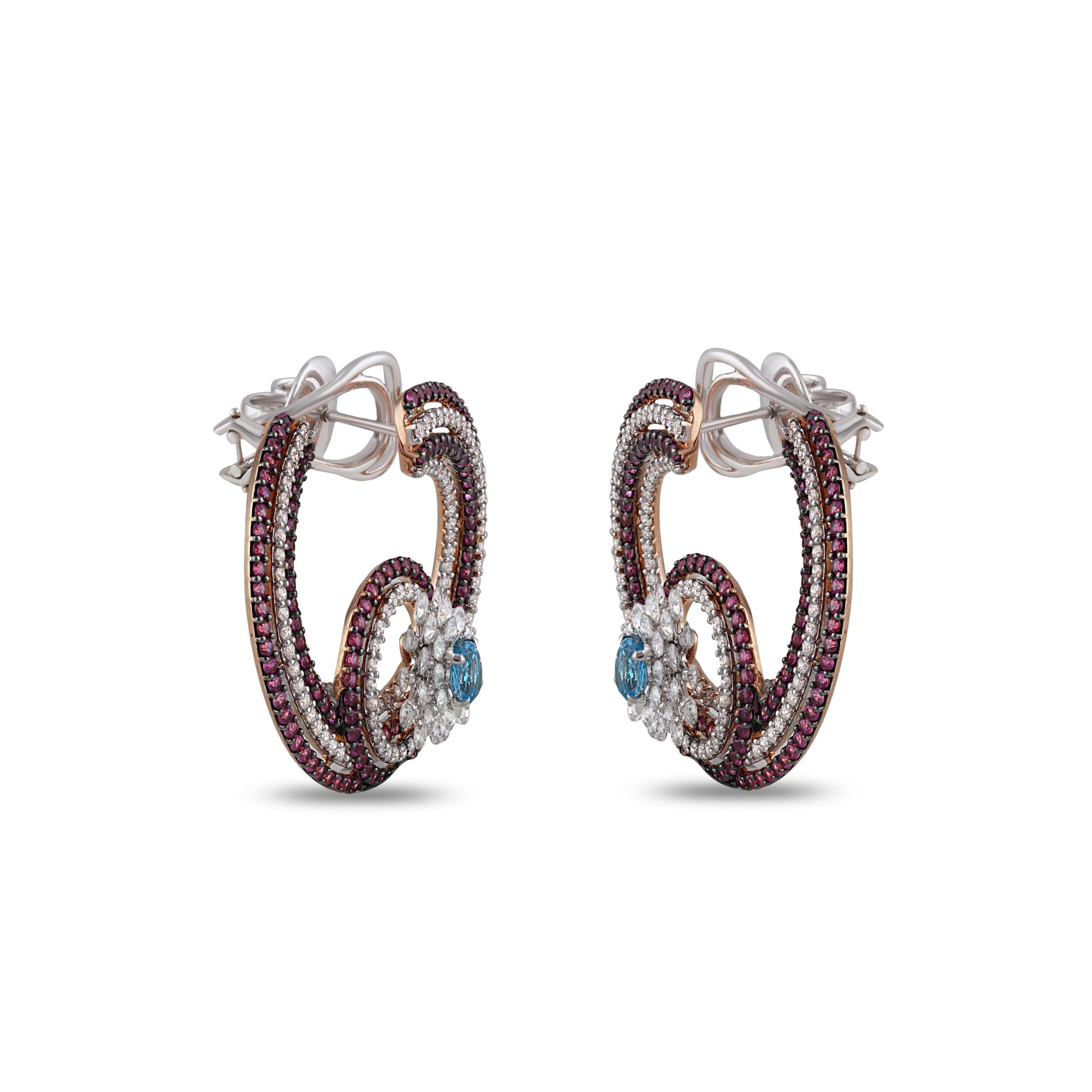 Contemporary Studio Rêves Sea Shell Diamonds and Pink Sapphire Hoop Earrings in 18 Karat Gold For Sale