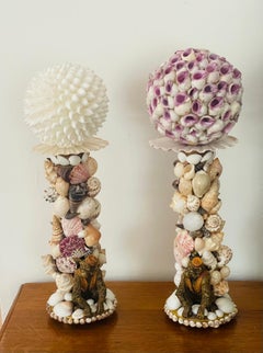 Sea Shell Encrusted Candlesticks with Orbs and Monkeys Figures