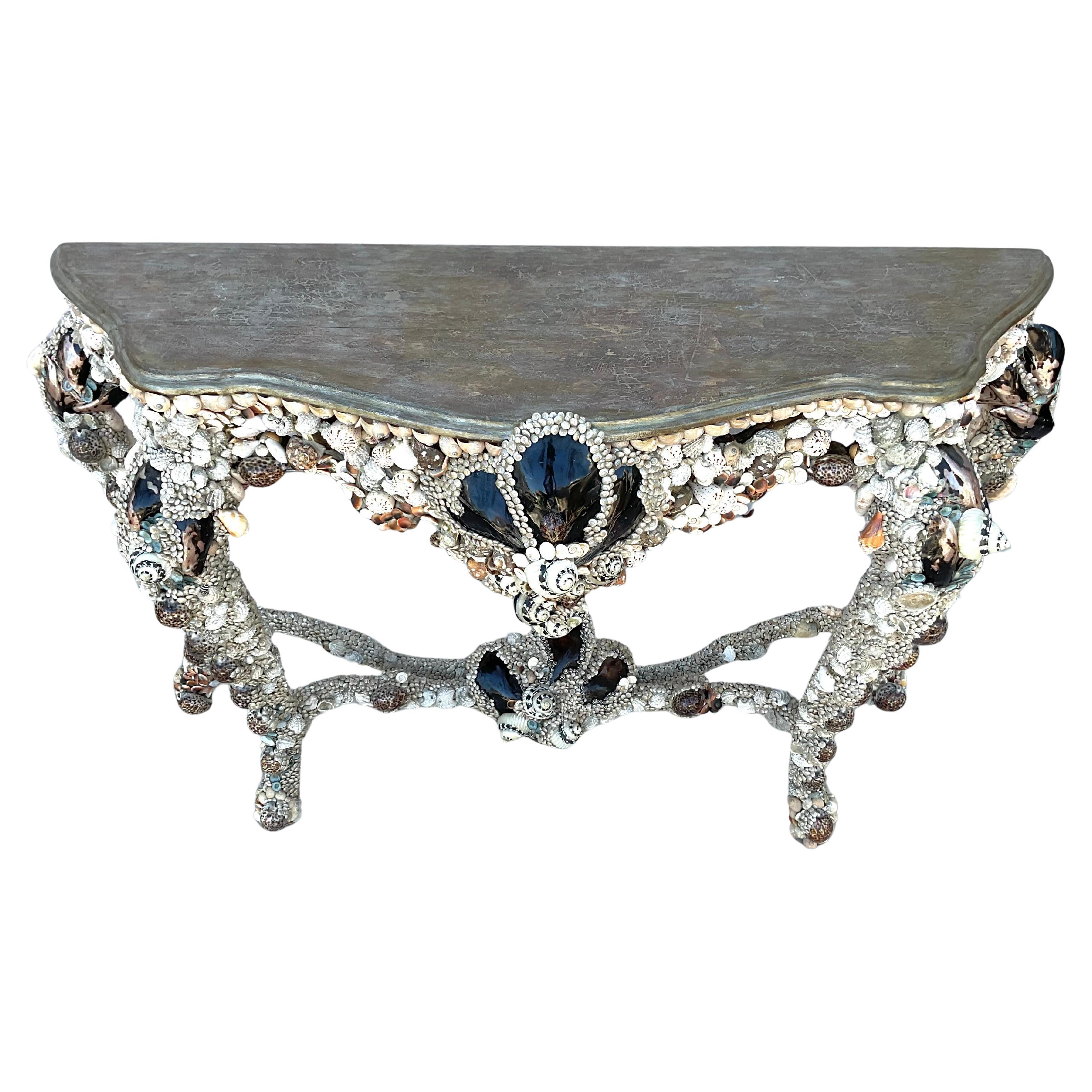 Bohemian Sea Shell Encrusted Grotto Style Console Table For Sale