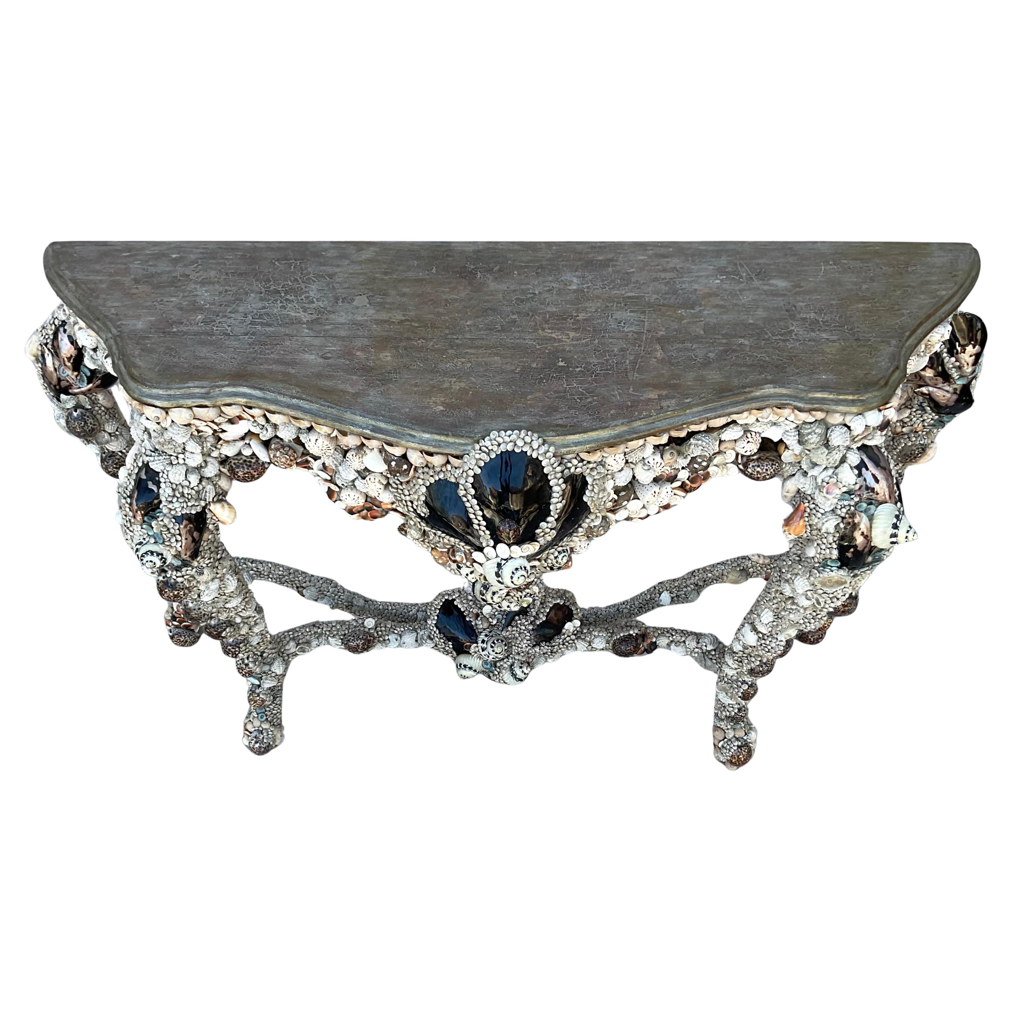French Sea Shell Encrusted Grotto Style Console Table For Sale