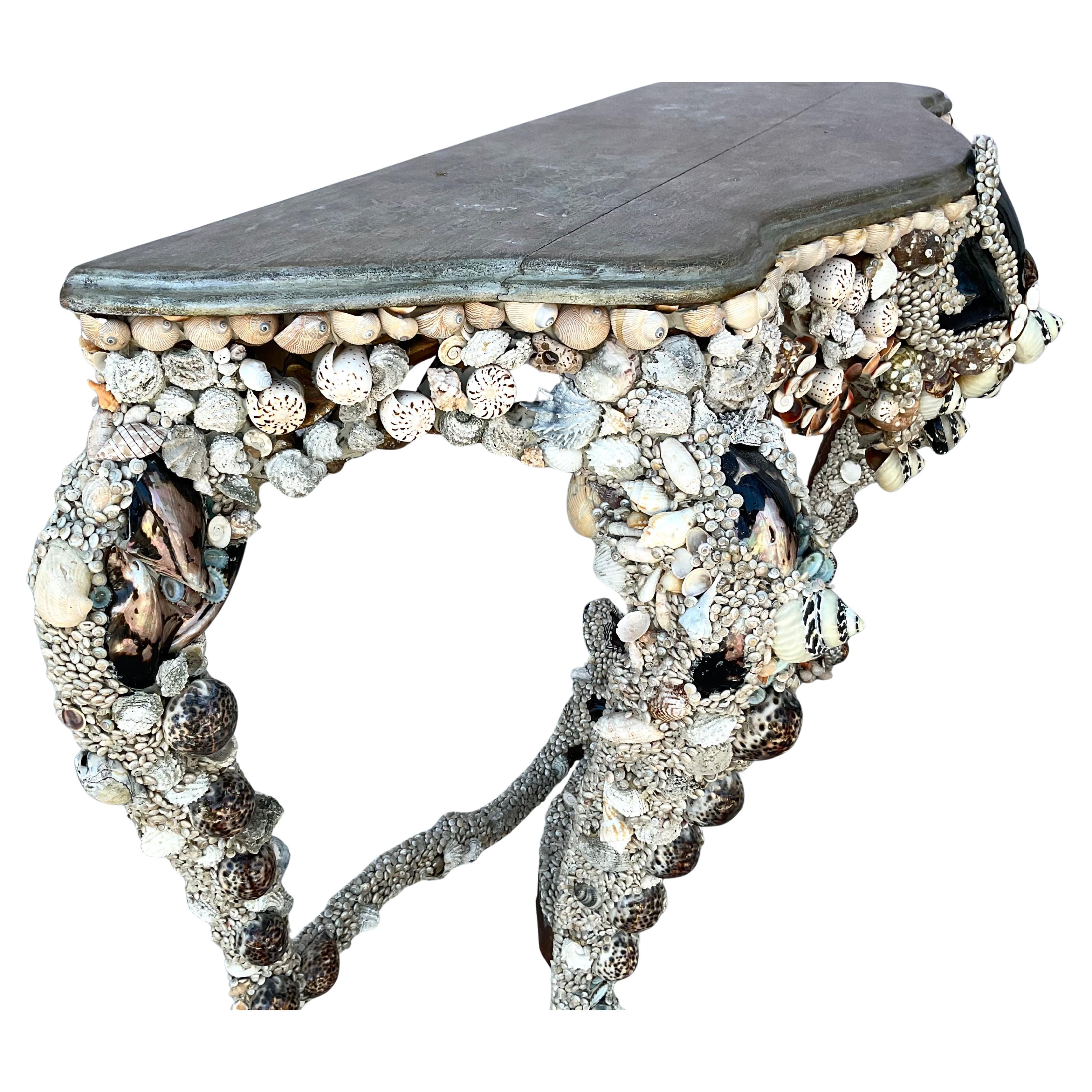 Sea Shell Encrusted Grotto Style Console Table In Good Condition For Sale In Bradenton, FL