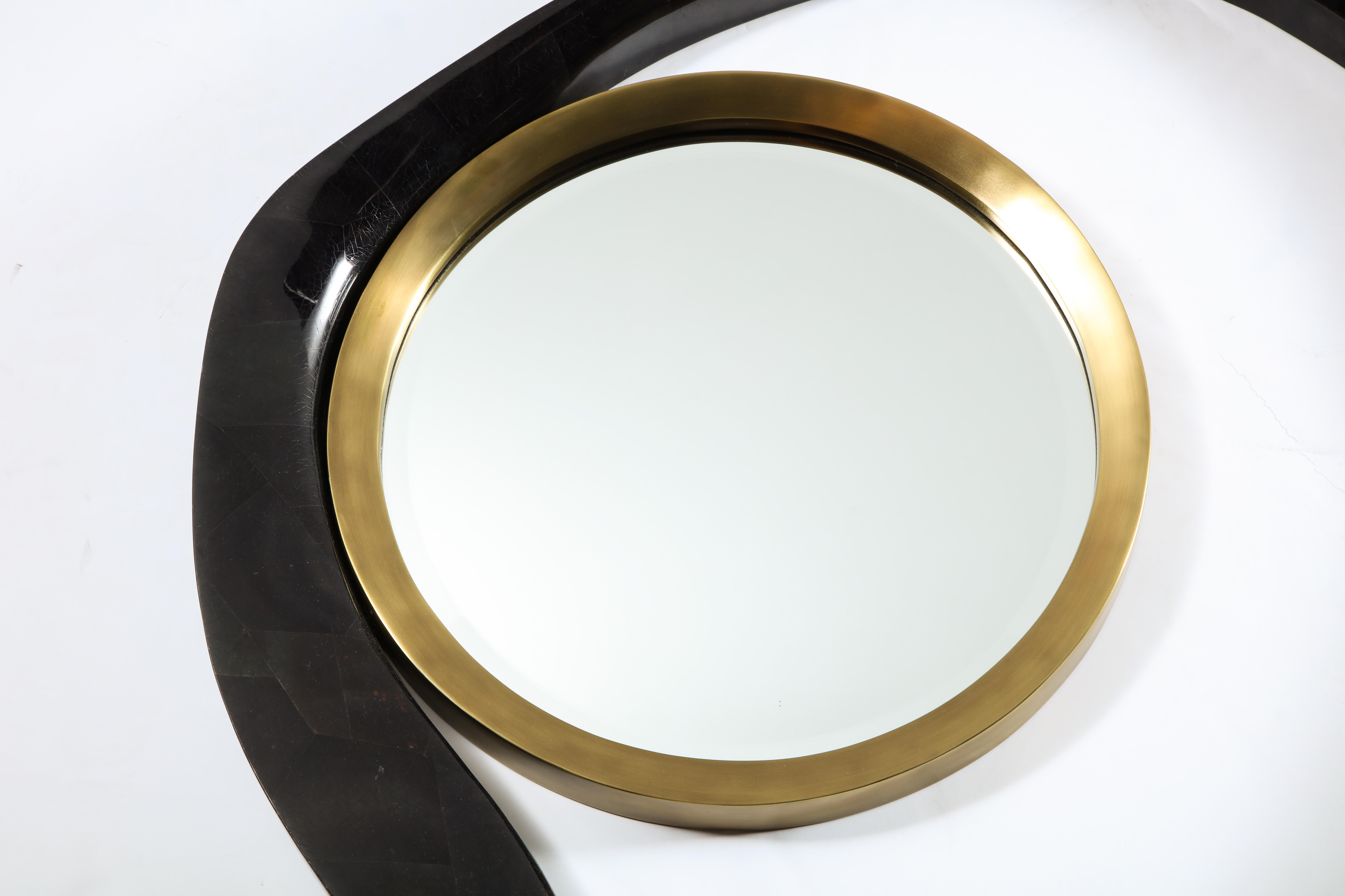 Art Deco Mirror, Black Sea Shell with Brass Detail, Large Organic Style, Contemporary