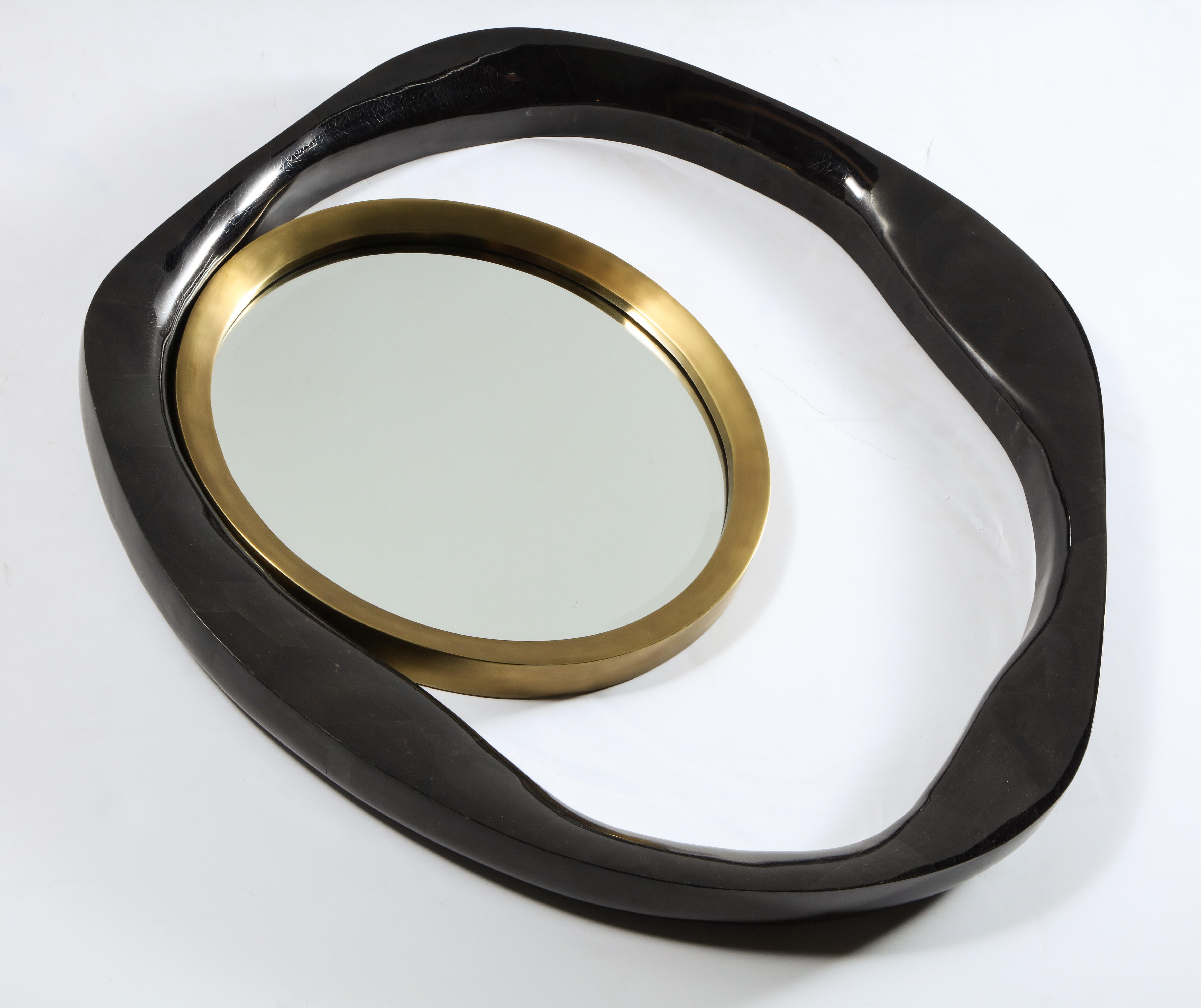 Hand-Crafted Mirror, Black Sea Shell with Brass Detail, Large Organic Style, Contemporary