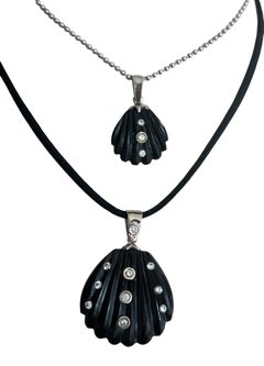 Sea Shell Necklace, Black Onyx, Diamonds, 14k White Gold, Gold Ball Chain
