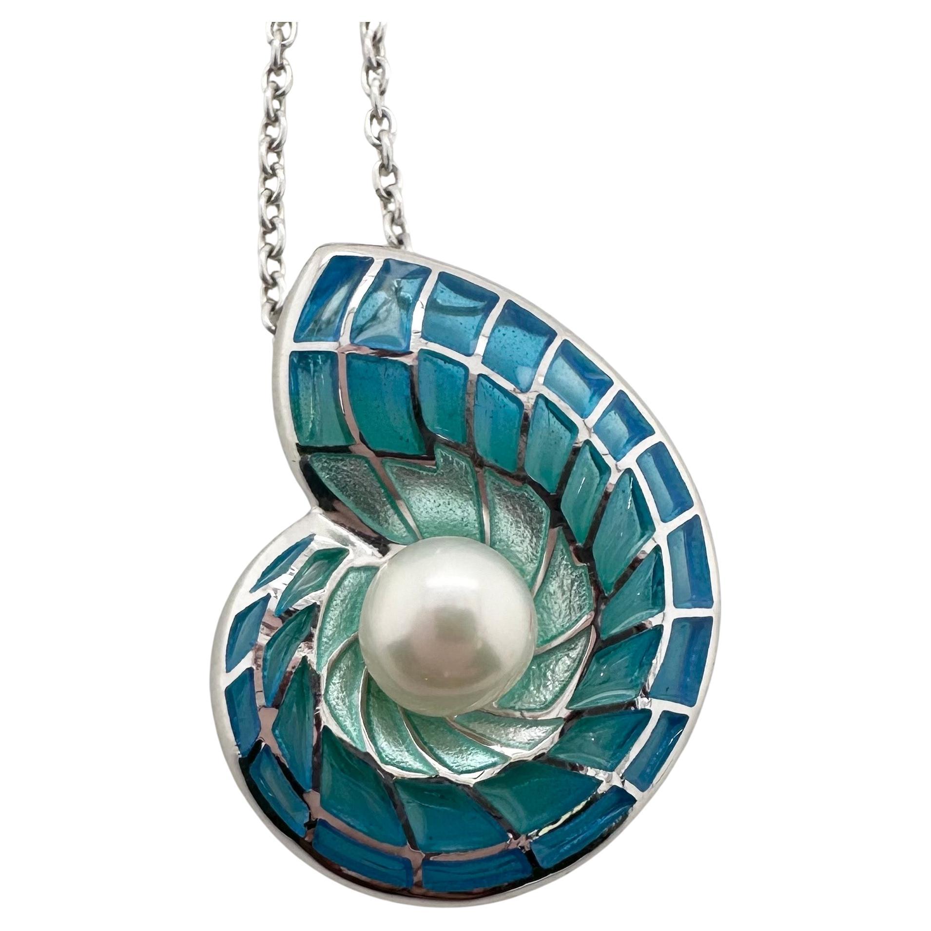 Sea shell pearl pendant necklace liquid glass enamel rare pendant 925 silver 20" For Sale