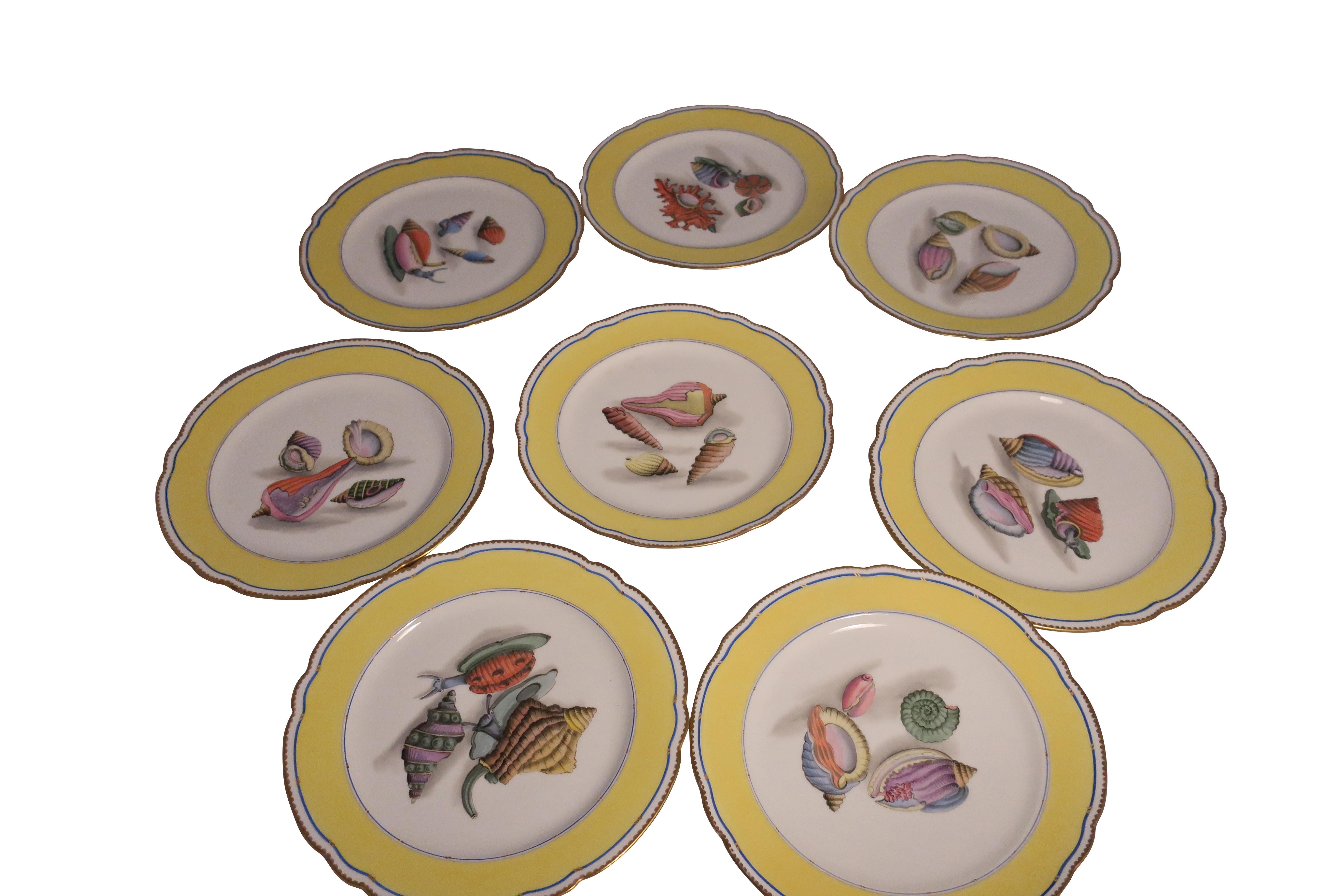 Sea shell porcelain plates French Rousseau Rue Coquillère- Set of 12
light yellow and blue coloration with assorted shells and coral motifs.