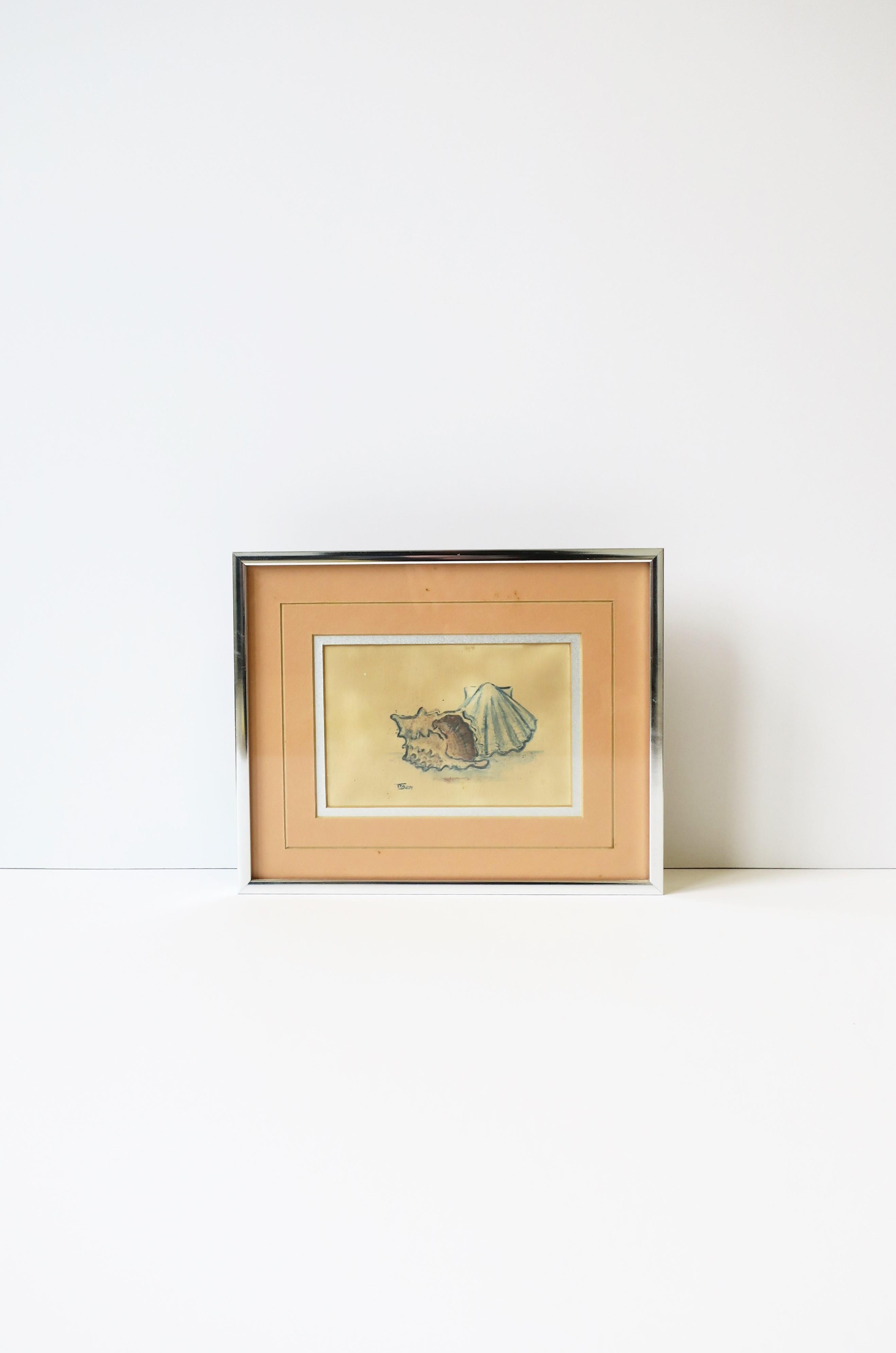 A small conch and scallop seashell [sea shell] watercolor art painting signed by artist (lower left), circa 1970s. Painting is surrounded by a pink salmon and silver matting, glass protection, and finished with a chrome frame. Prepared for handing