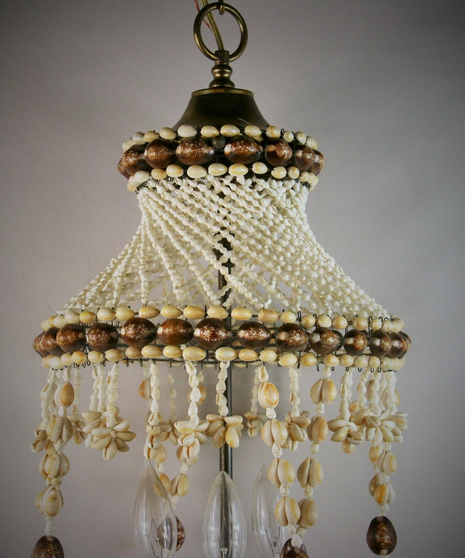 Philippine Hand Made Sea Shell Three Light Pendant/Hanging Light For Sale