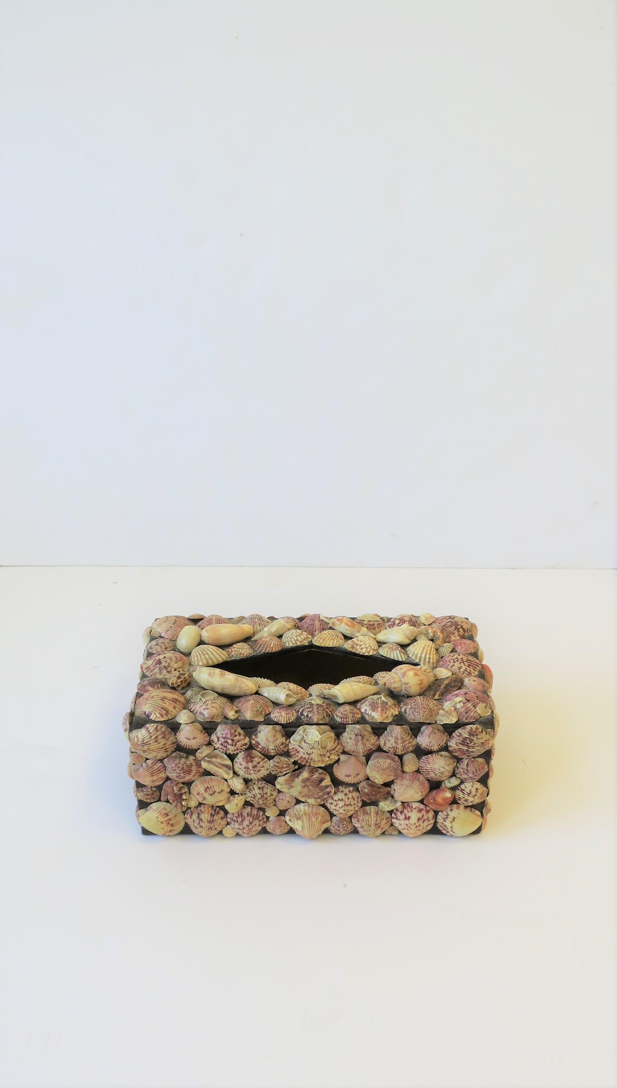 A very beautiful vintage seashell [sea shell] tissue box holder cover, circa 1960s. Box is wood and covered with scallop shells and other seashells. Beautiful marque opening at top, see image #5. Great for a bathroom, vanity area, bedroom, office,