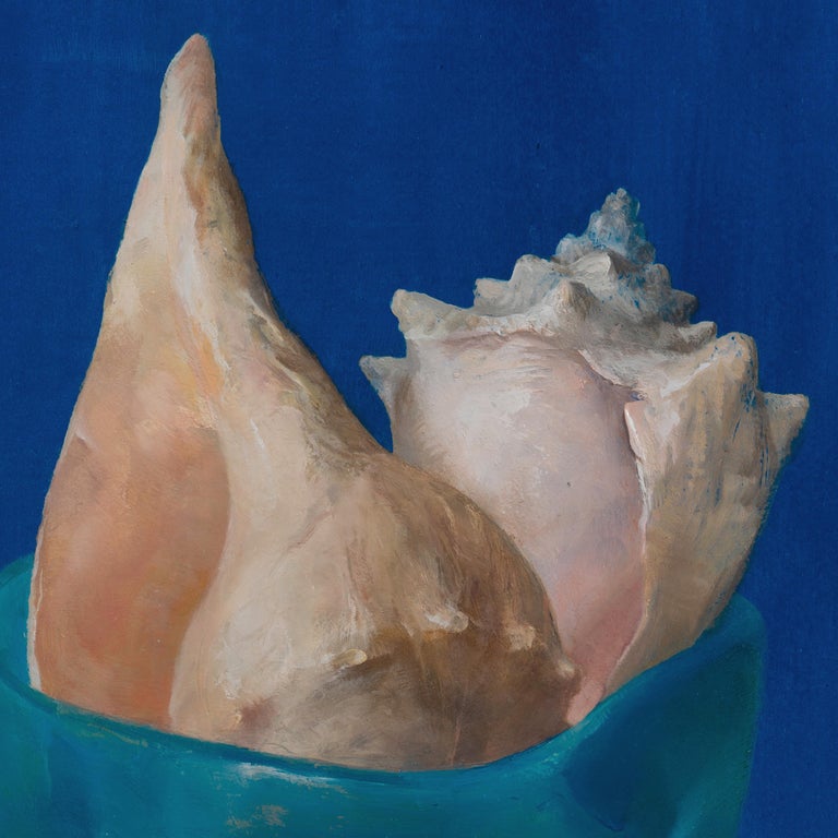 Sea Shells in Blue, Oil on Panel Still Life Painting with Seashell