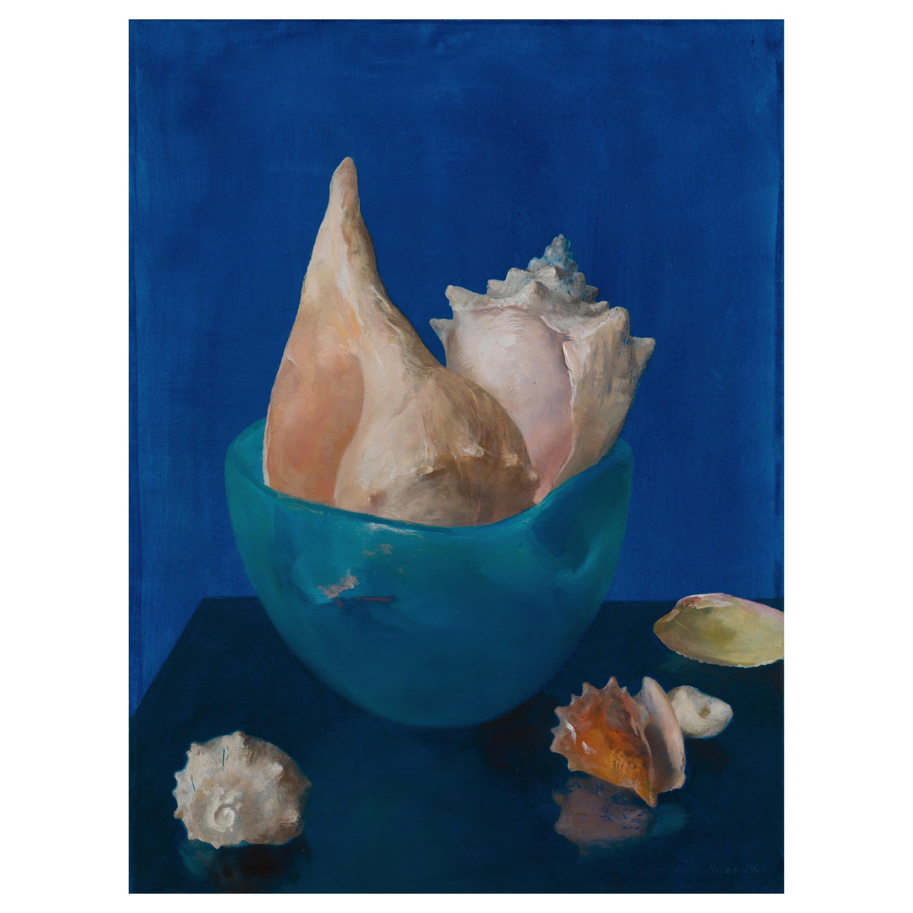 Sea Shells in Blue, Oil on Panel Still Life Painting with Seashell Collection