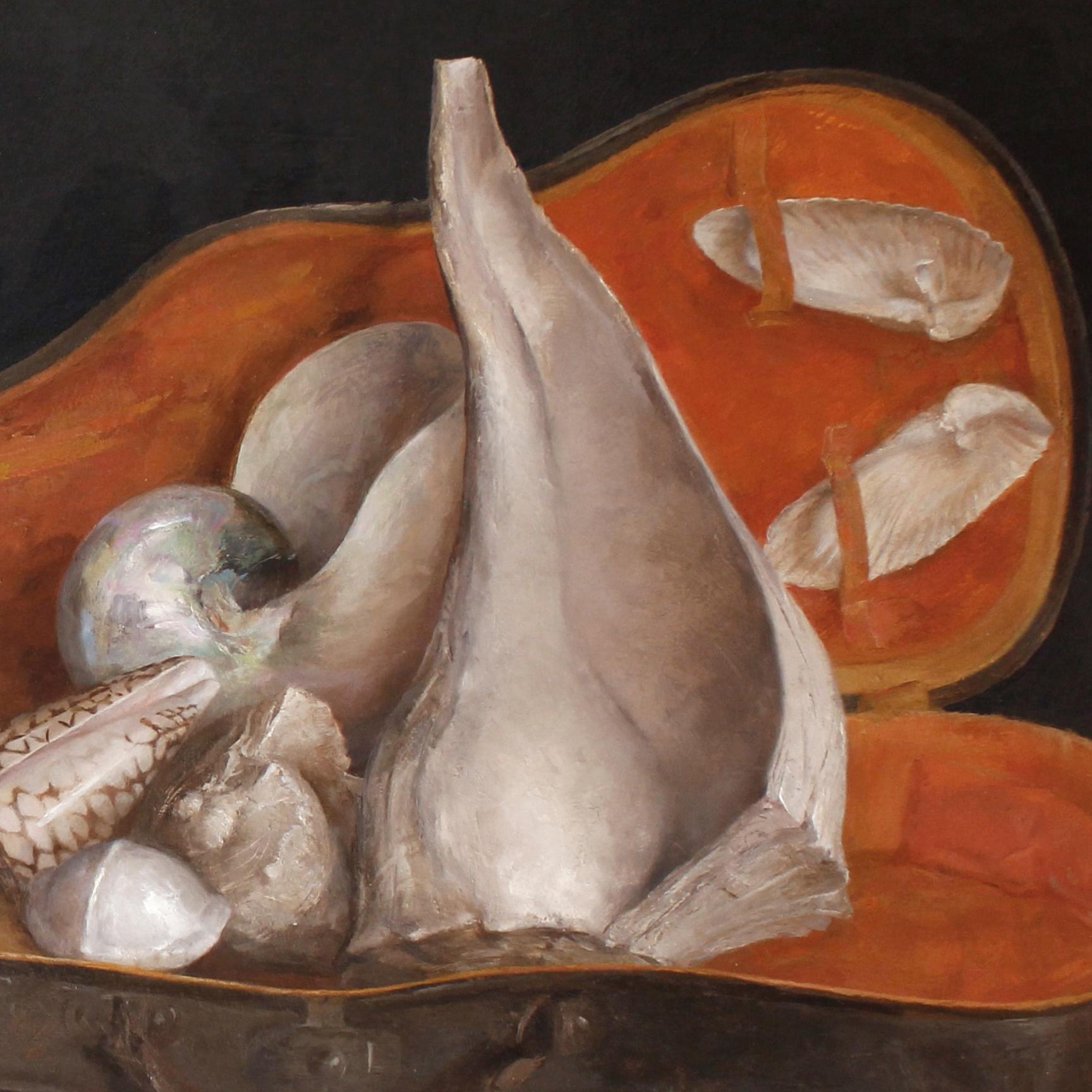 An antique violin case is open to expose its treasures - not only the rich orange lining, but the plethora of sea shells. Placed upon a gleaming table which reflects the case and reveals a sheet of music tucked underneath. The background is a rich,