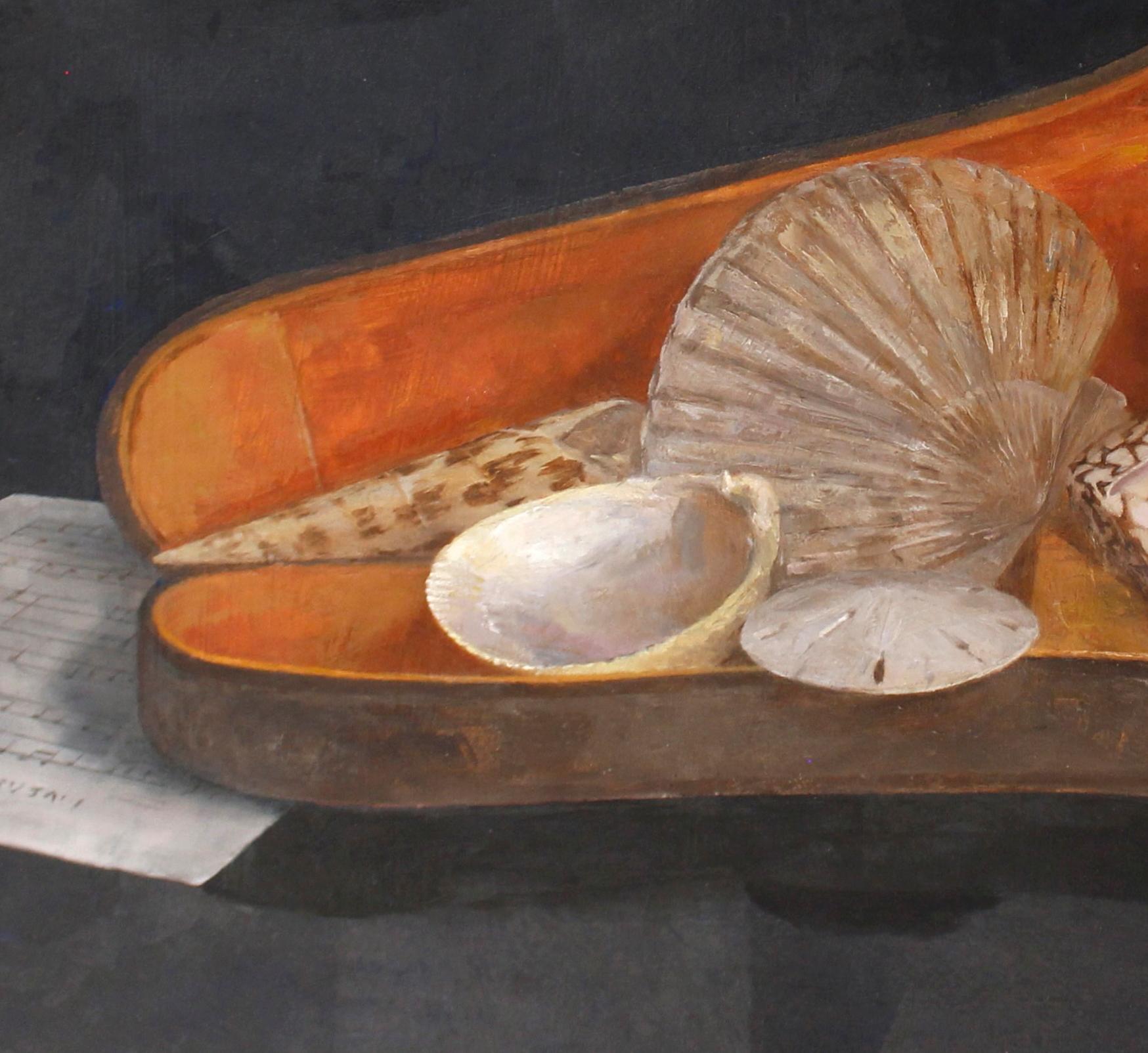 Modern Sea Shells in Violin Case, Original Oil on Panel with Silver Leaf, Framed For Sale