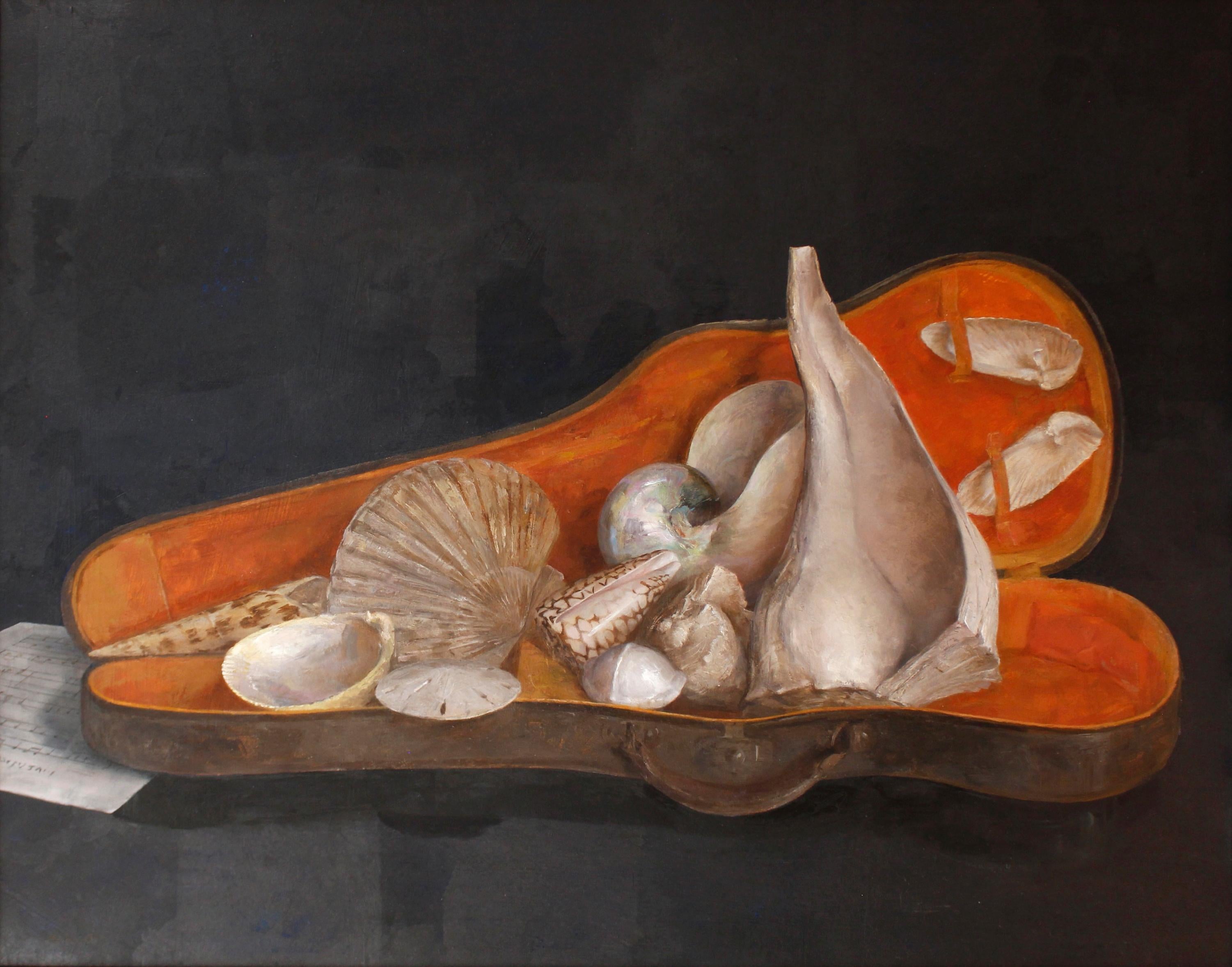 American Sea Shells in Violin Case, Original Oil on Panel with Silver Leaf, Framed For Sale