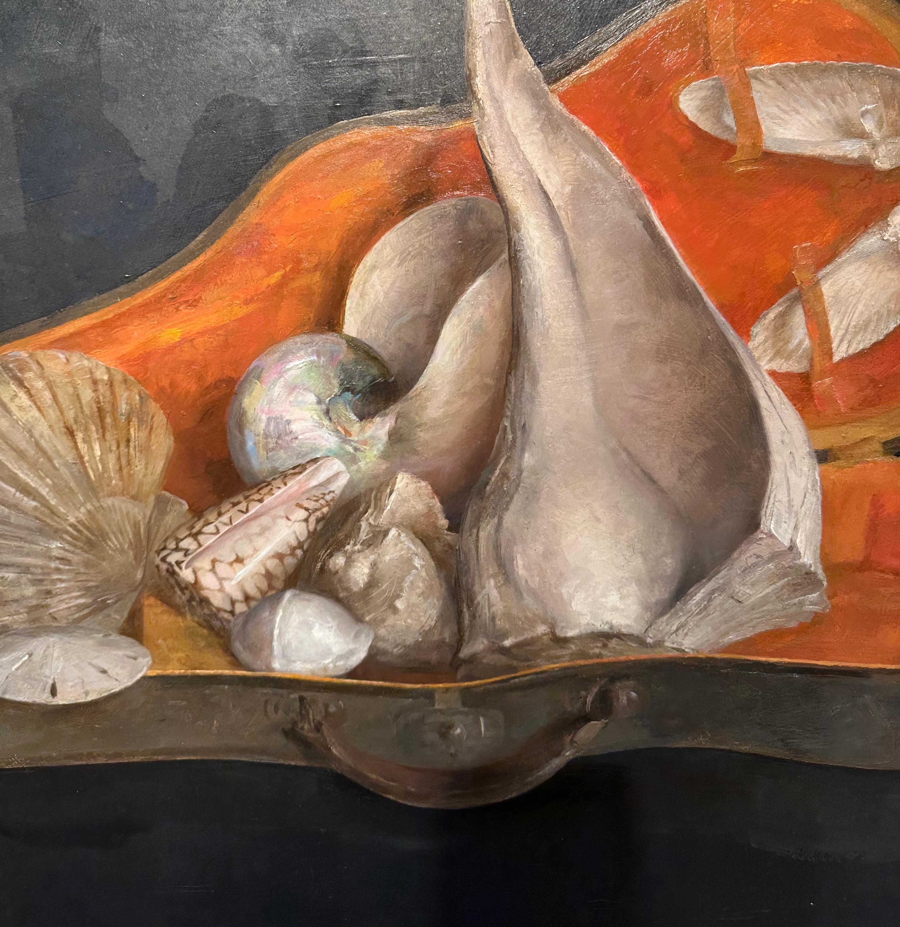 Hand-Painted Sea Shells in Violin Case, Original Oil on Panel with Silver Leaf, Framed For Sale