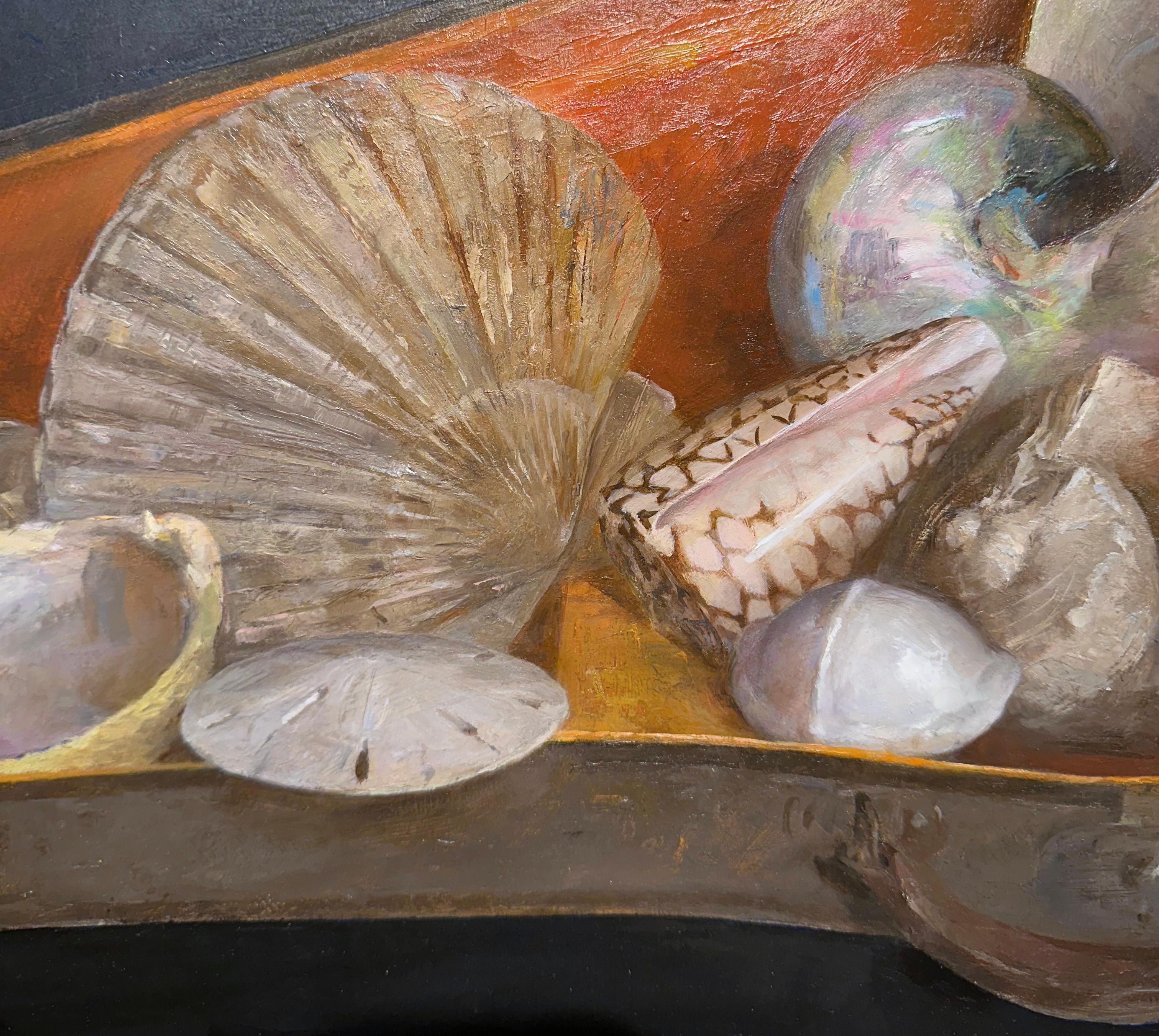 Sea Shells in Violin Case, Original Oil on Panel with Silver Leaf, Framed In New Condition For Sale In Chicago, IL
