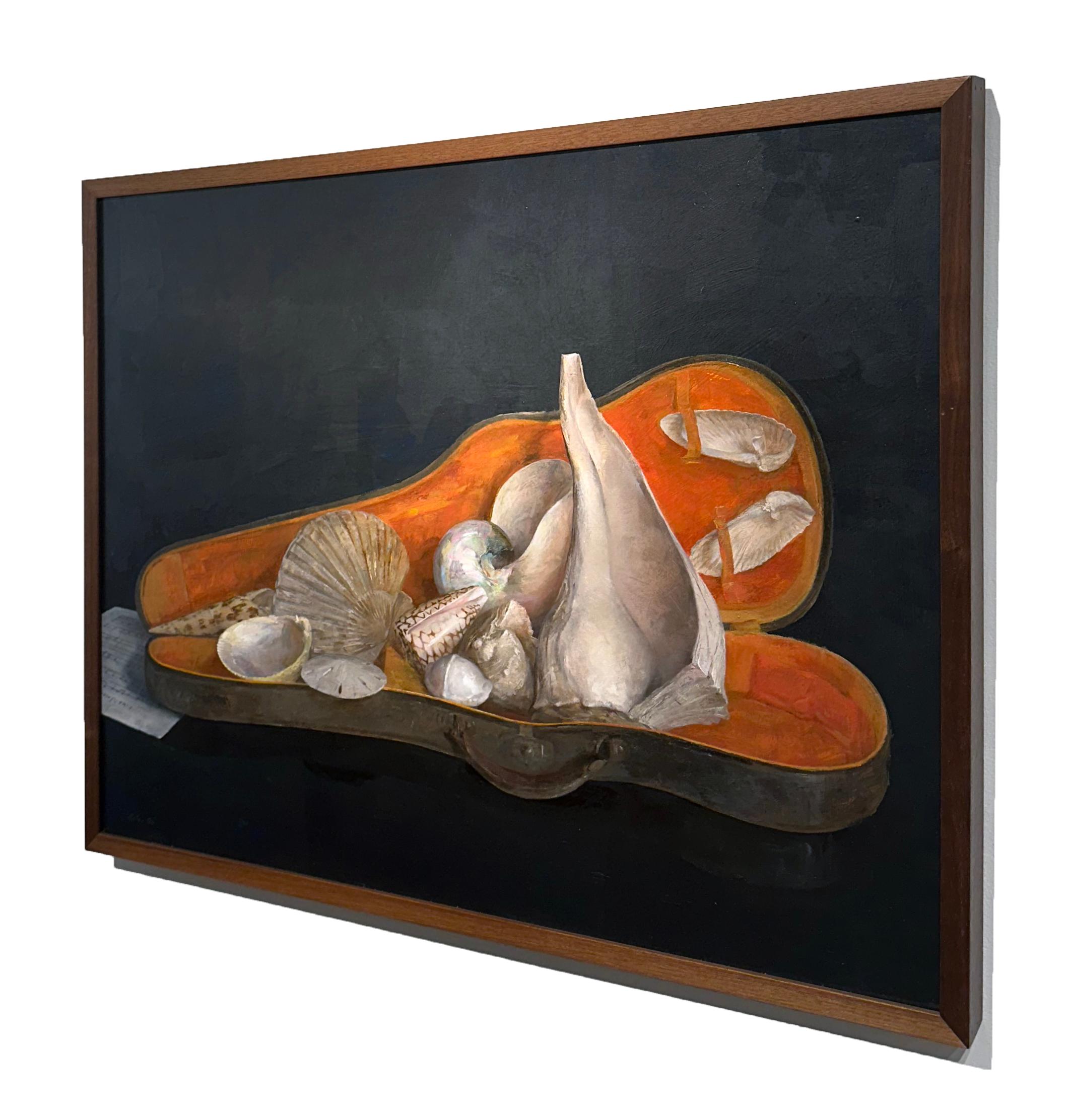 Paint Sea Shells in Violin Case, Original Oil on Panel with Silver Leaf, Framed For Sale