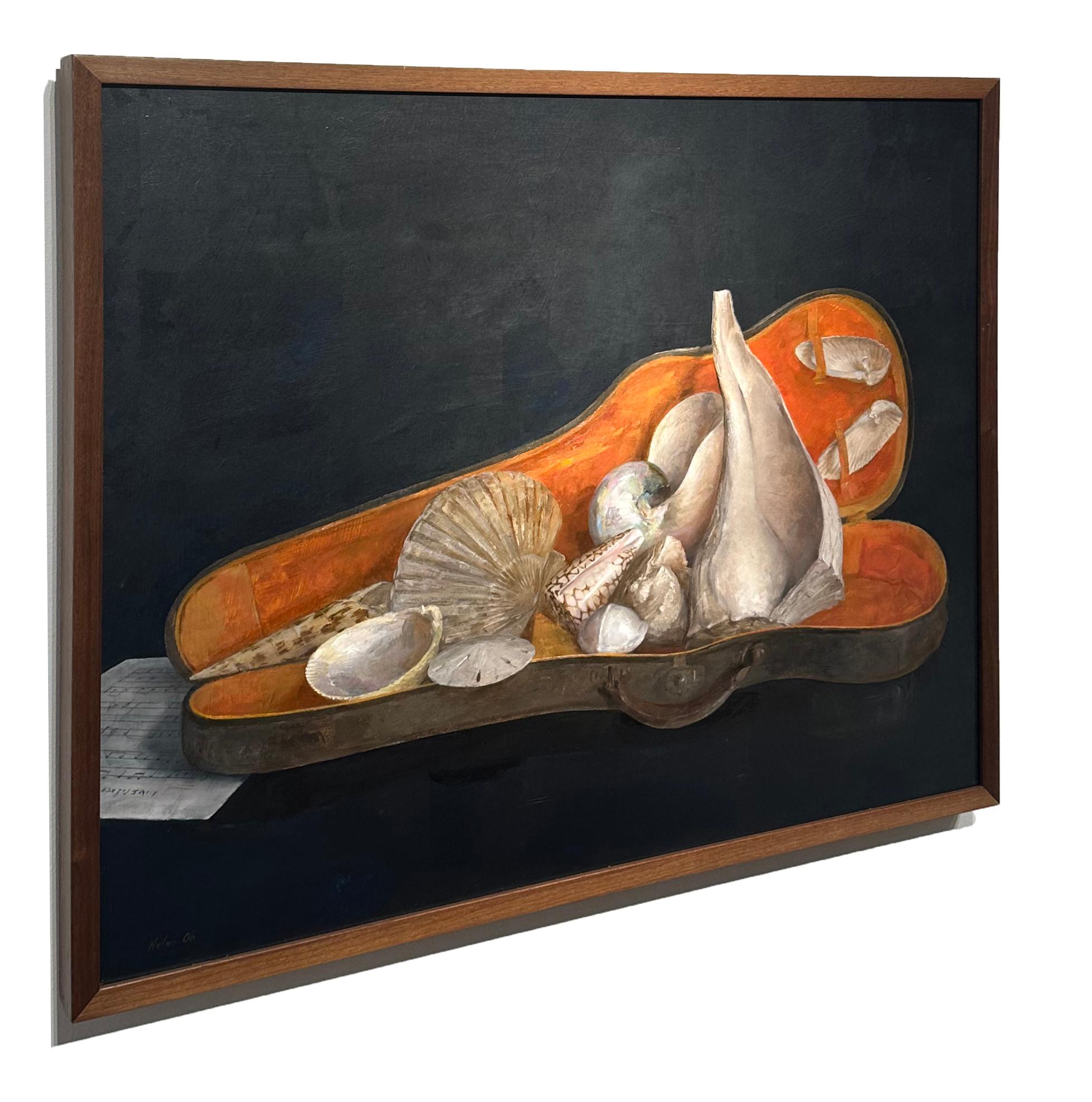 Sea Shells in Violin Case, Original Oil on Panel with Silver Leaf, Framed For Sale 1