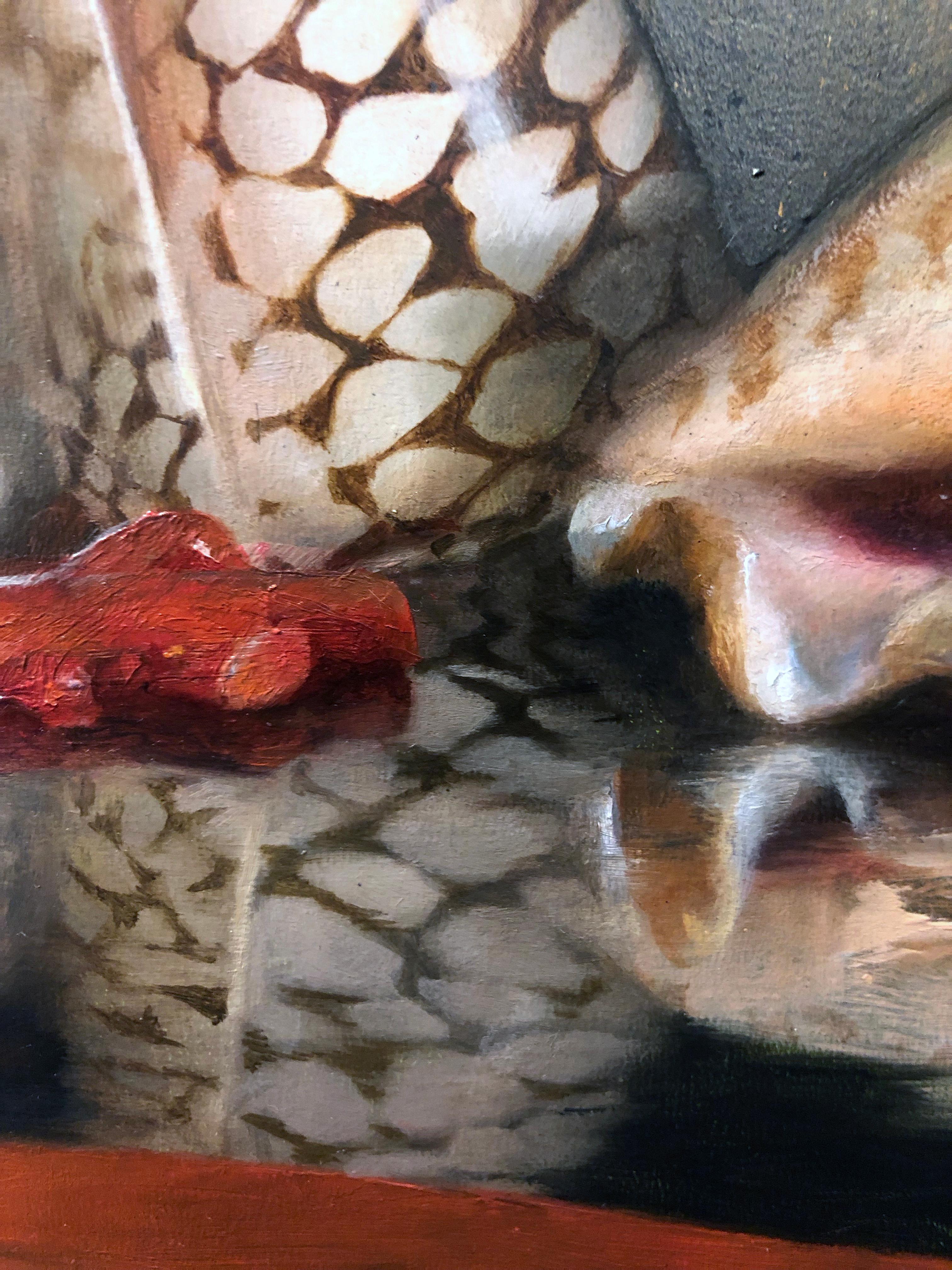 Sea Shells on Lacquer Tray, Oil on Panel with Silver Leaf Still Life Painting 5