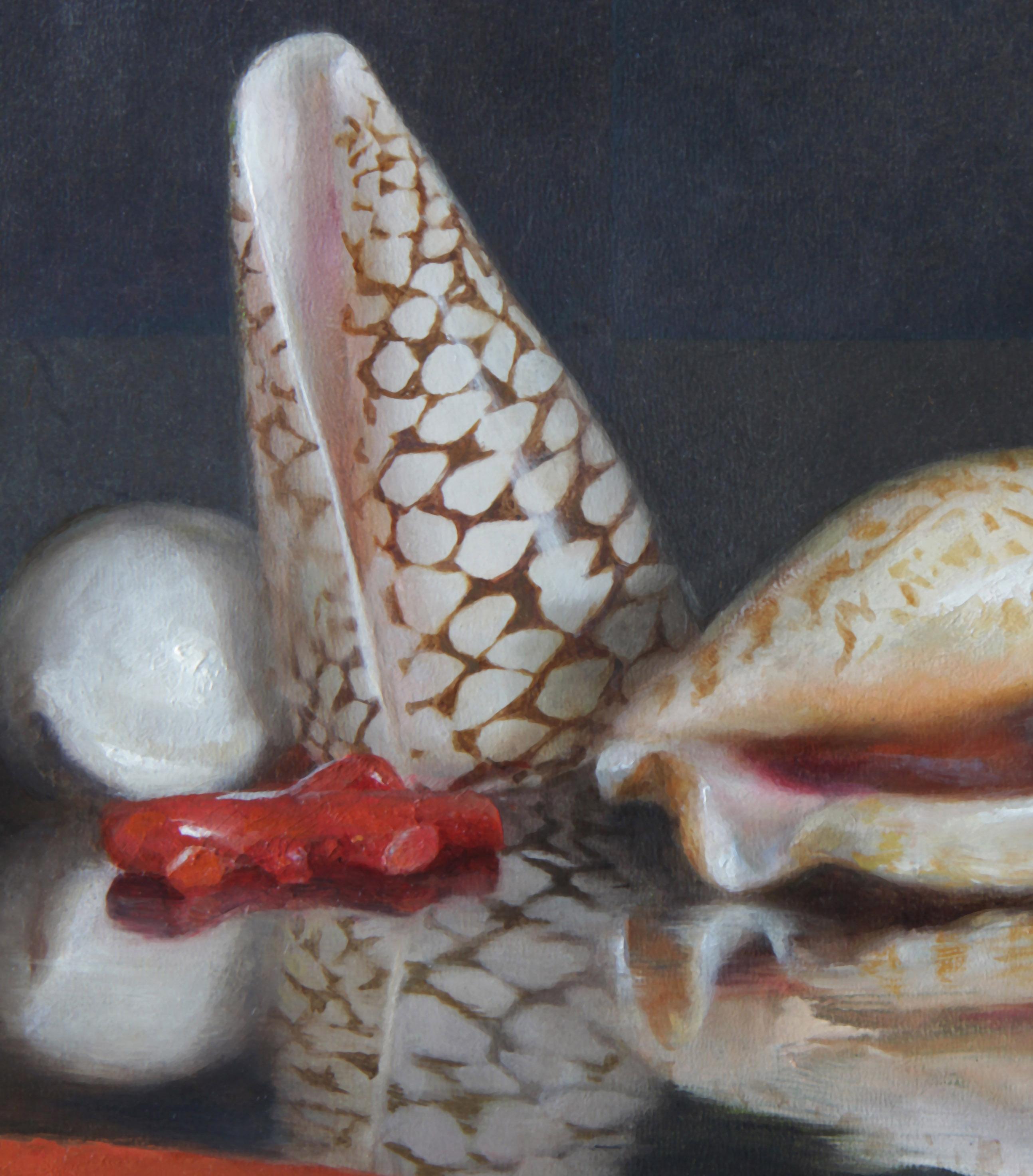 Modern Sea Shells on Lacquer Tray, Oil on Panel with Silver Leaf Still Life Painting