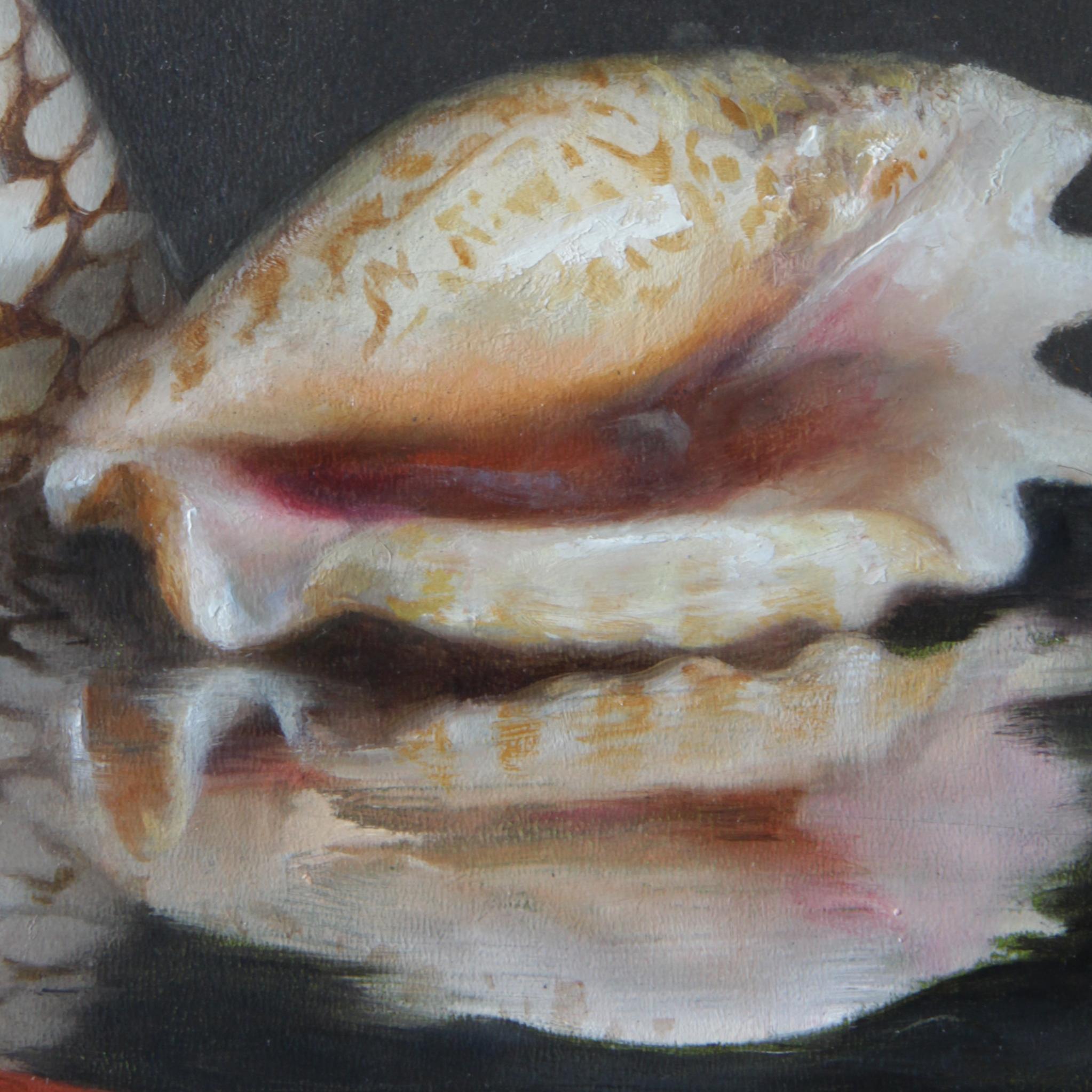 American Sea Shells on Lacquer Tray, Oil on Panel with Silver Leaf Still Life Painting