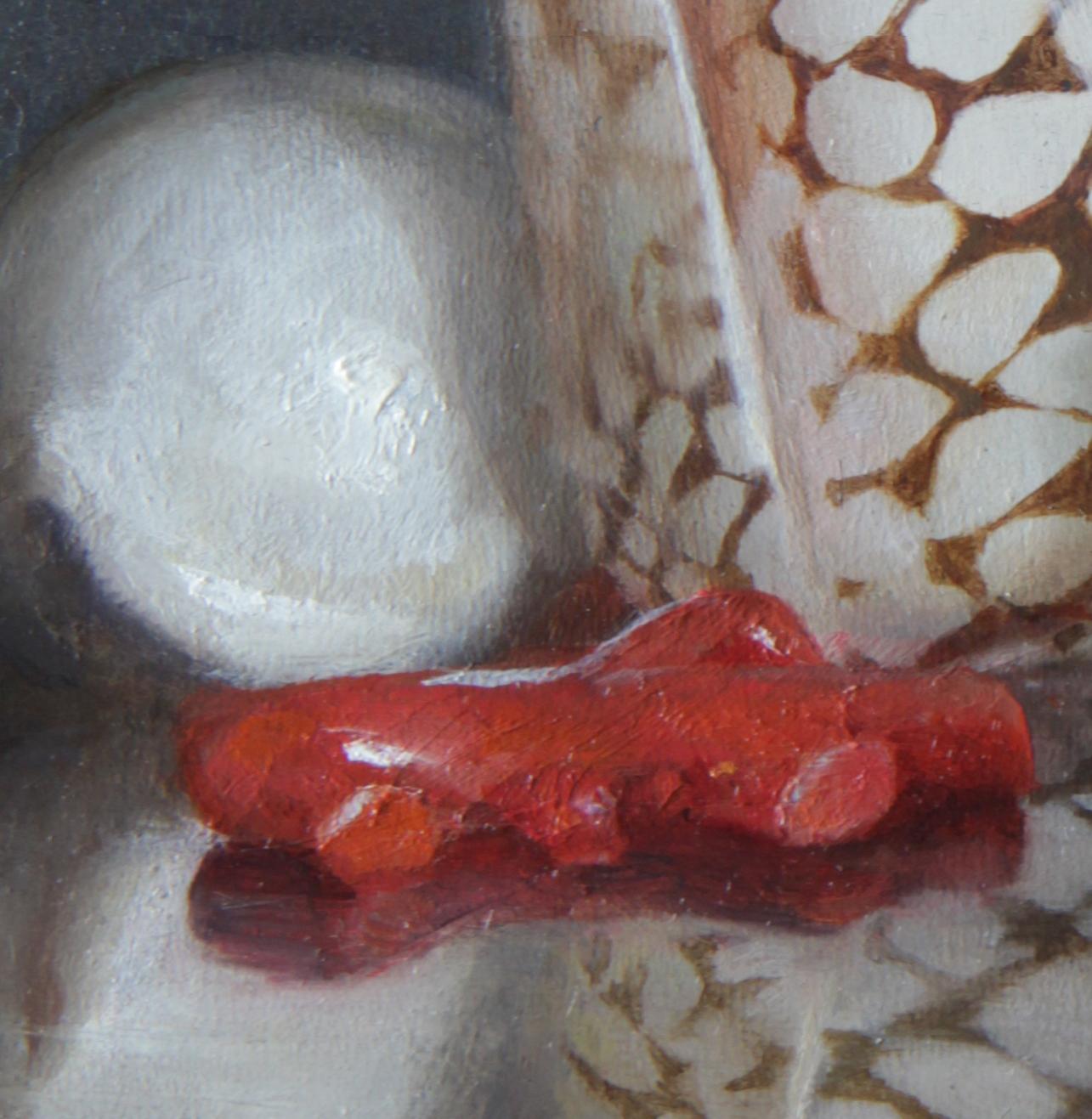 Hand-Painted Sea Shells on Lacquer Tray, Oil on Panel with Silver Leaf Still Life Painting