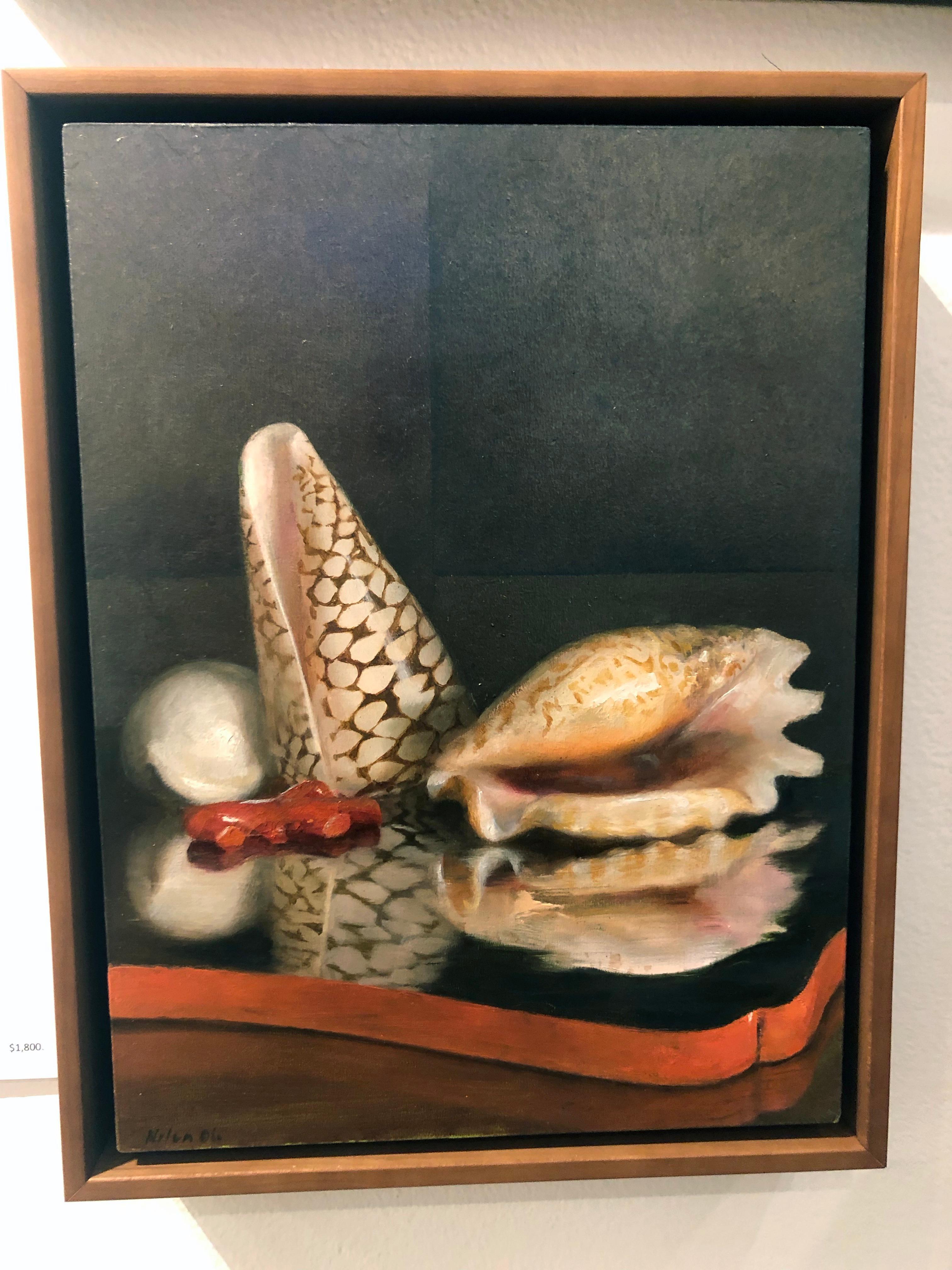 Sea Shells on Lacquer Tray, Oil on Panel with Silver Leaf Still Life Painting In New Condition In Chicago, IL