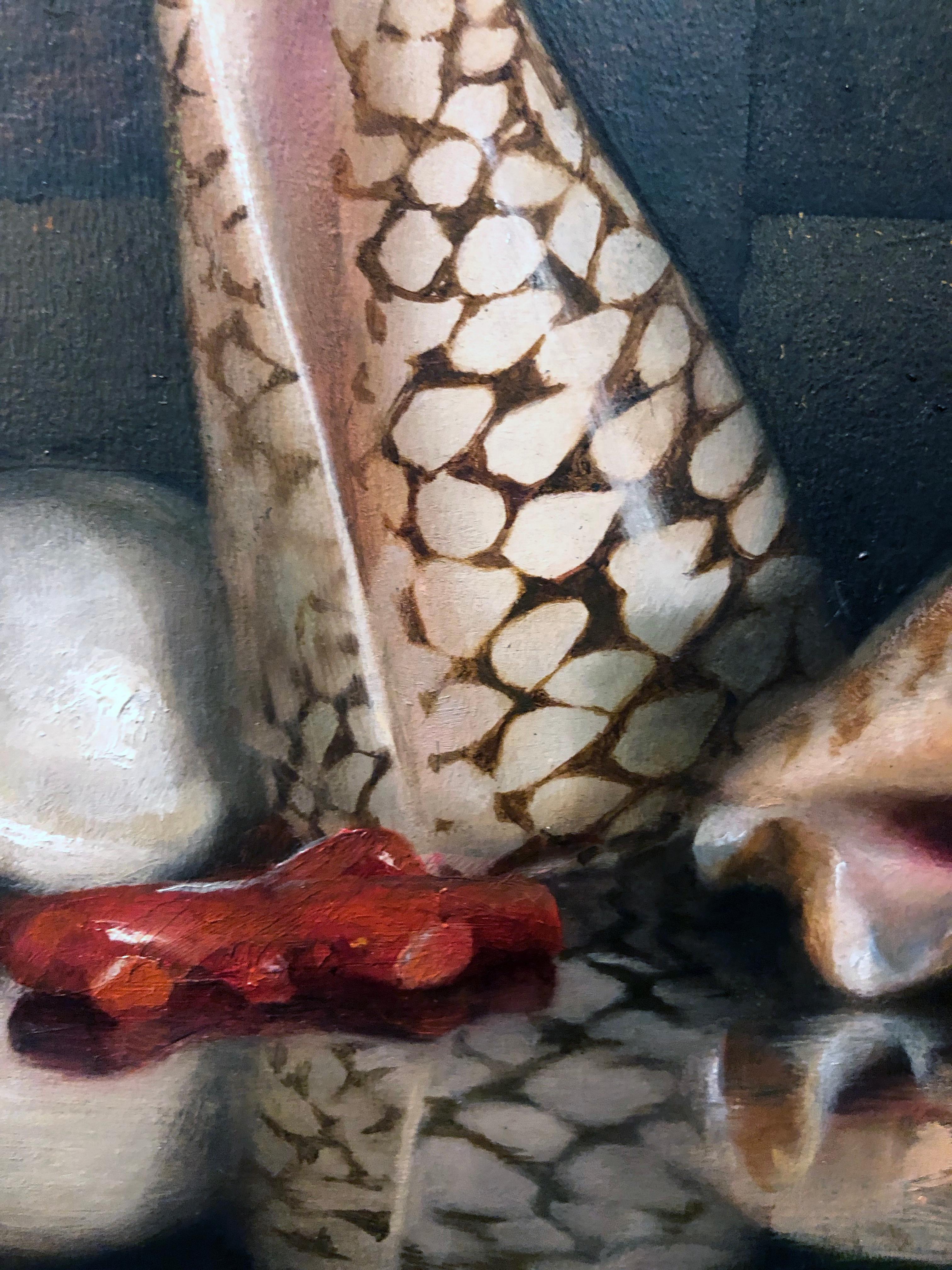 Sea Shells on Lacquer Tray, Oil on Panel with Silver Leaf Still Life Painting 1