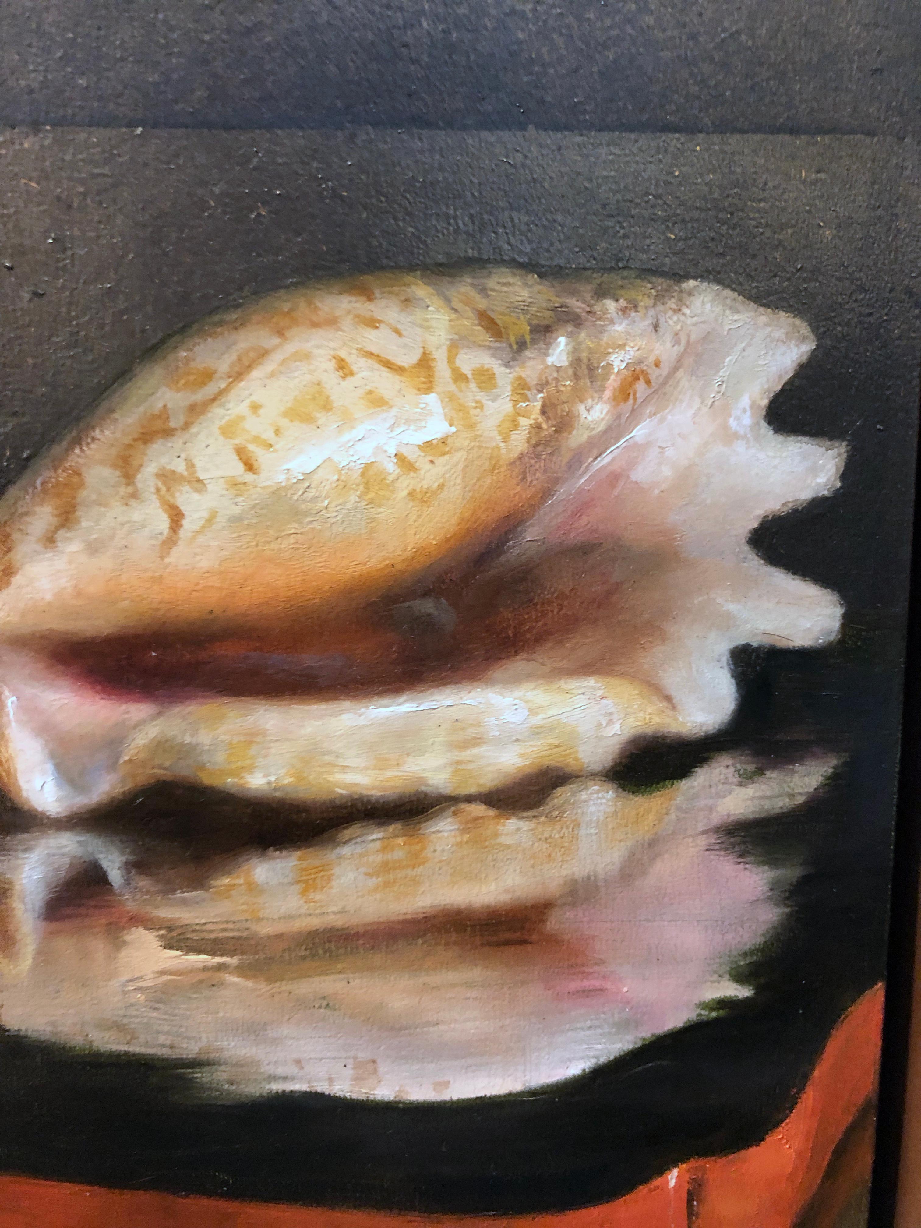 Sea Shells on Lacquer Tray, Oil on Panel with Silver Leaf Still Life Painting 2