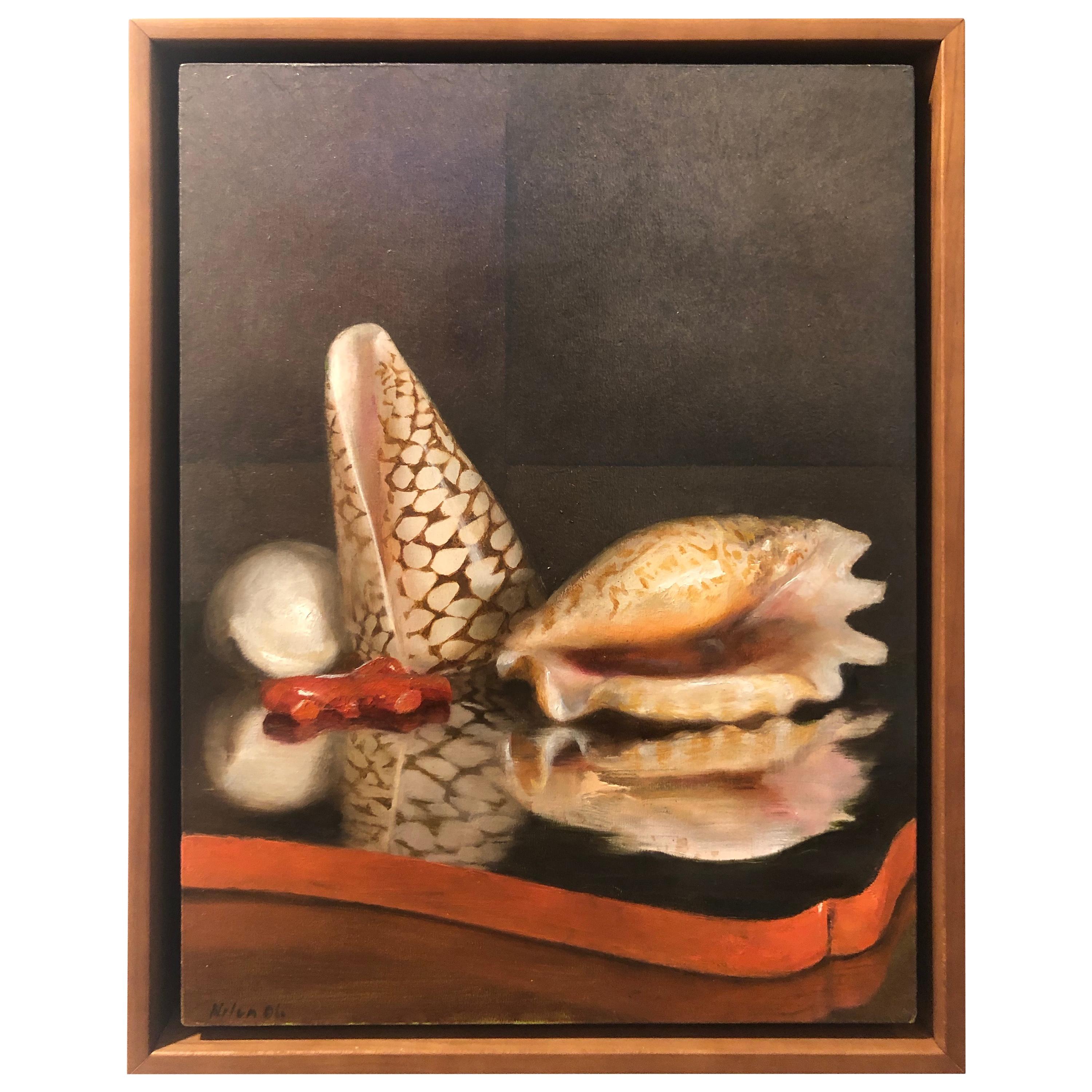 This delicately rendered painting presents the viewer with a collection of objects to contemplate. Three sea shells and a chunk of red coral are arranged atop a reflective lacquer tray, the glossy red painted edge emphasizes the red chunk of coral