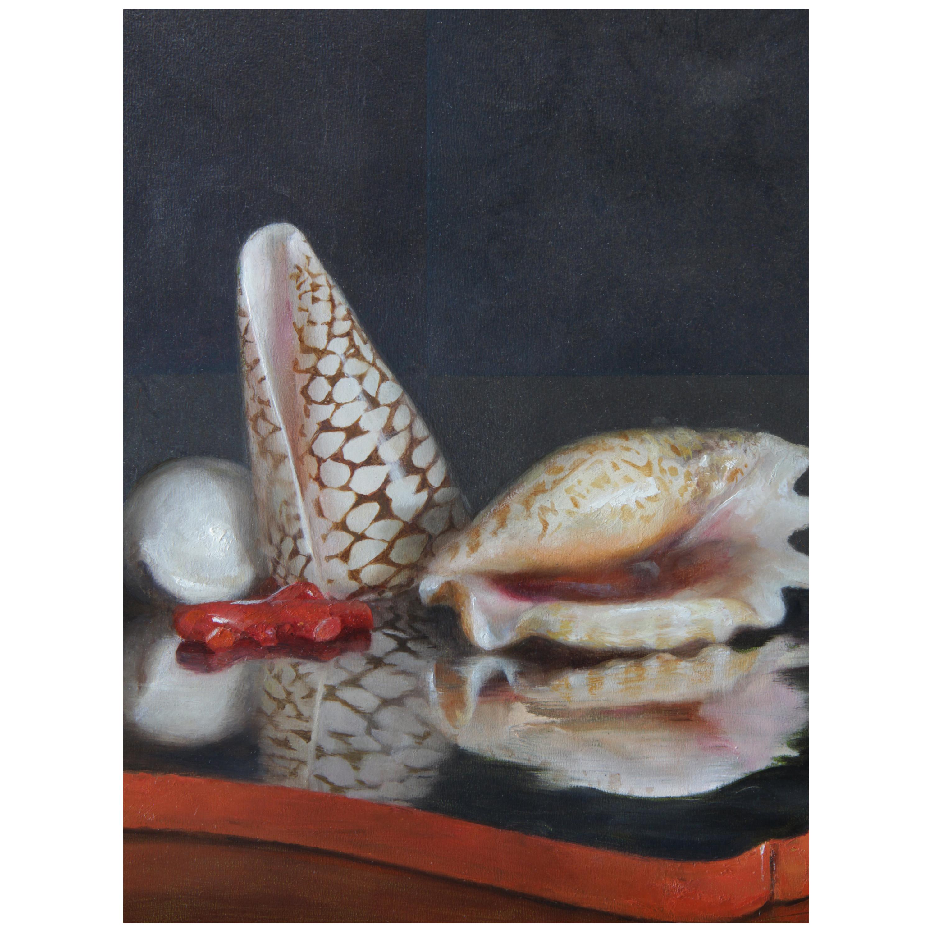Sea Shells on Lacquer Tray, Oil on Panel with Silver Leaf Still Life Painting
