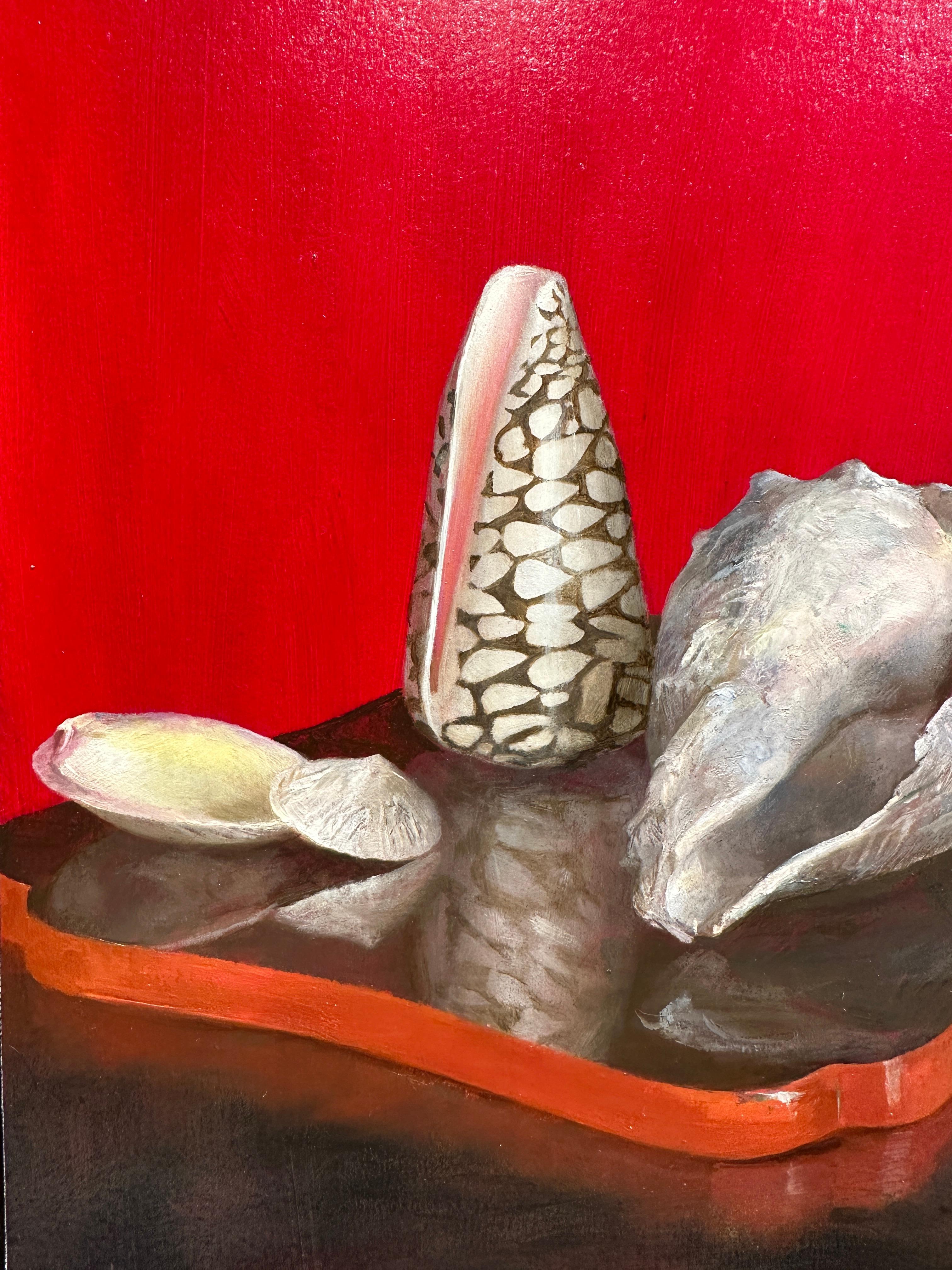 Modern Sea Shells & Water Bottle on Lacquer Tray, Oil on Panel, Still Life Painting For Sale