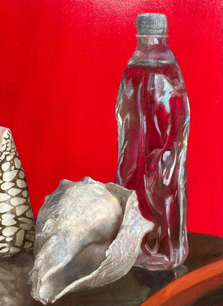American Sea Shells & Water Bottle on Lacquer Tray, Oil on Panel, Still Life Painting For Sale
