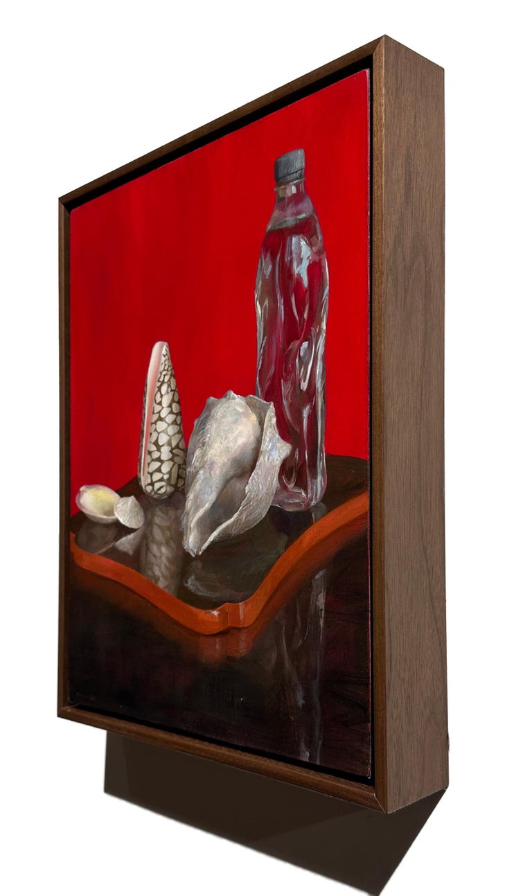 Contemporary Sea Shells & Water Bottle on Lacquer Tray, Oil on Panel, Still Life Painting For Sale