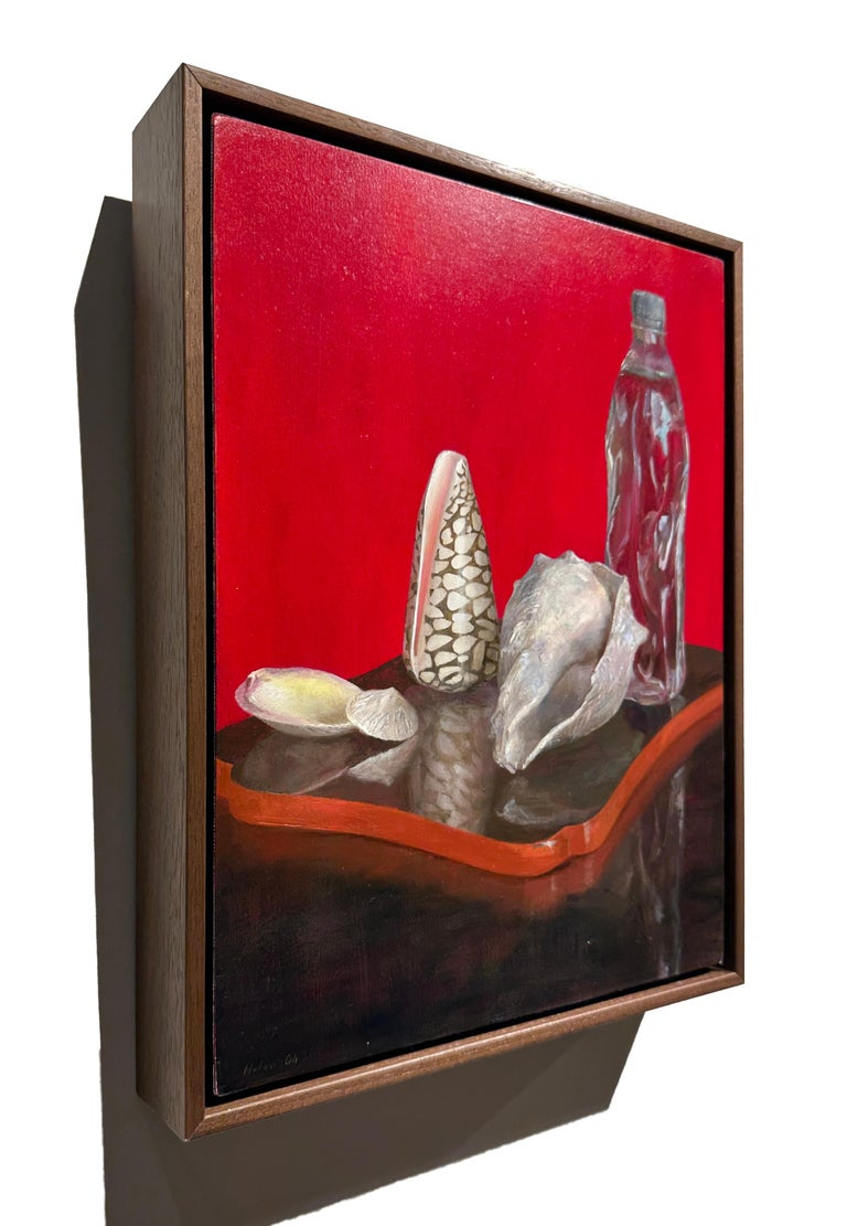 Sea Shells & Water Bottle on Lacquer Tray, Oil on Panel, Still Life Painting For Sale 1