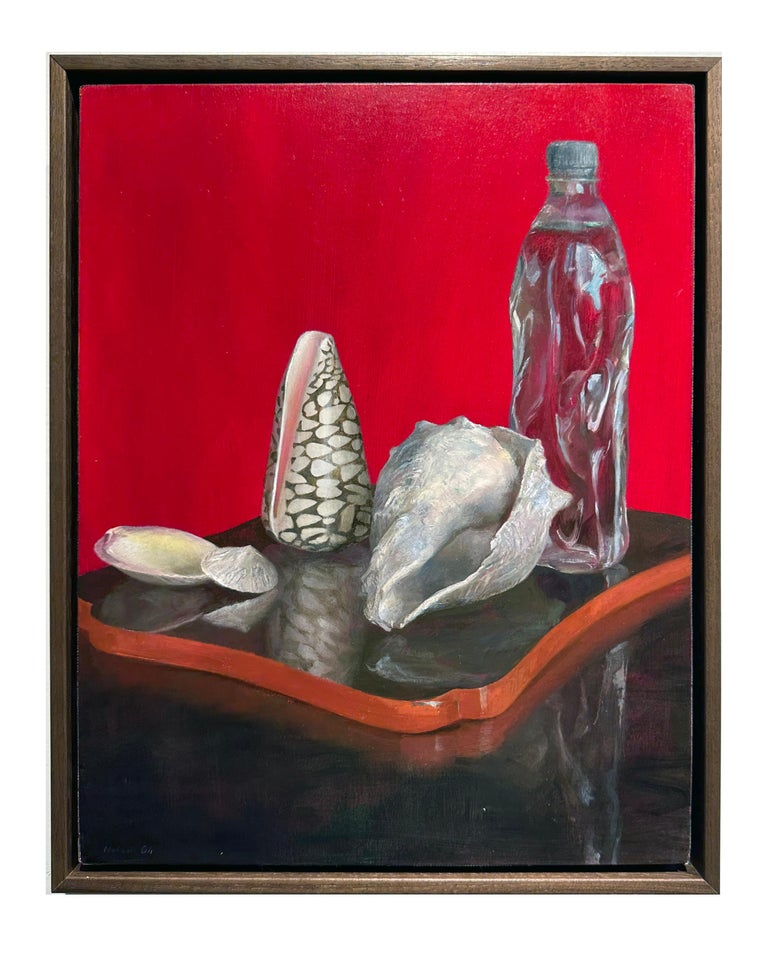 Sea Shells & Water Bottle on Lacquer Tray, Oil on Panel, Still Life Painting For Sale 2