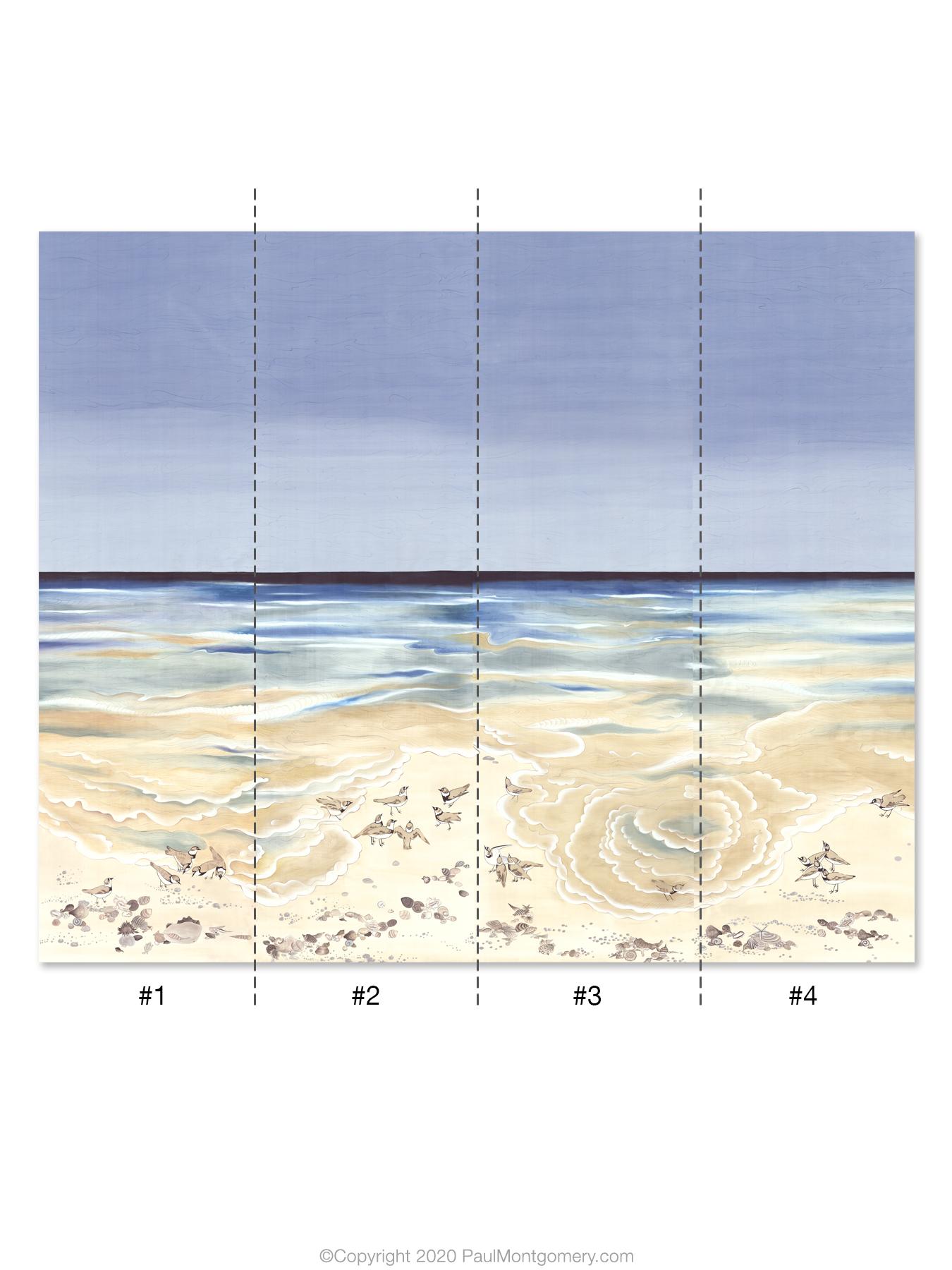 Sea shore is a peaceful scene by the waters edge with energetic sandpipers and delicate shells. The blue sky above evokes a gentle breeze. The mural is hand painted in an asian style on silk paper in washes and fine strokes. The full mural is made