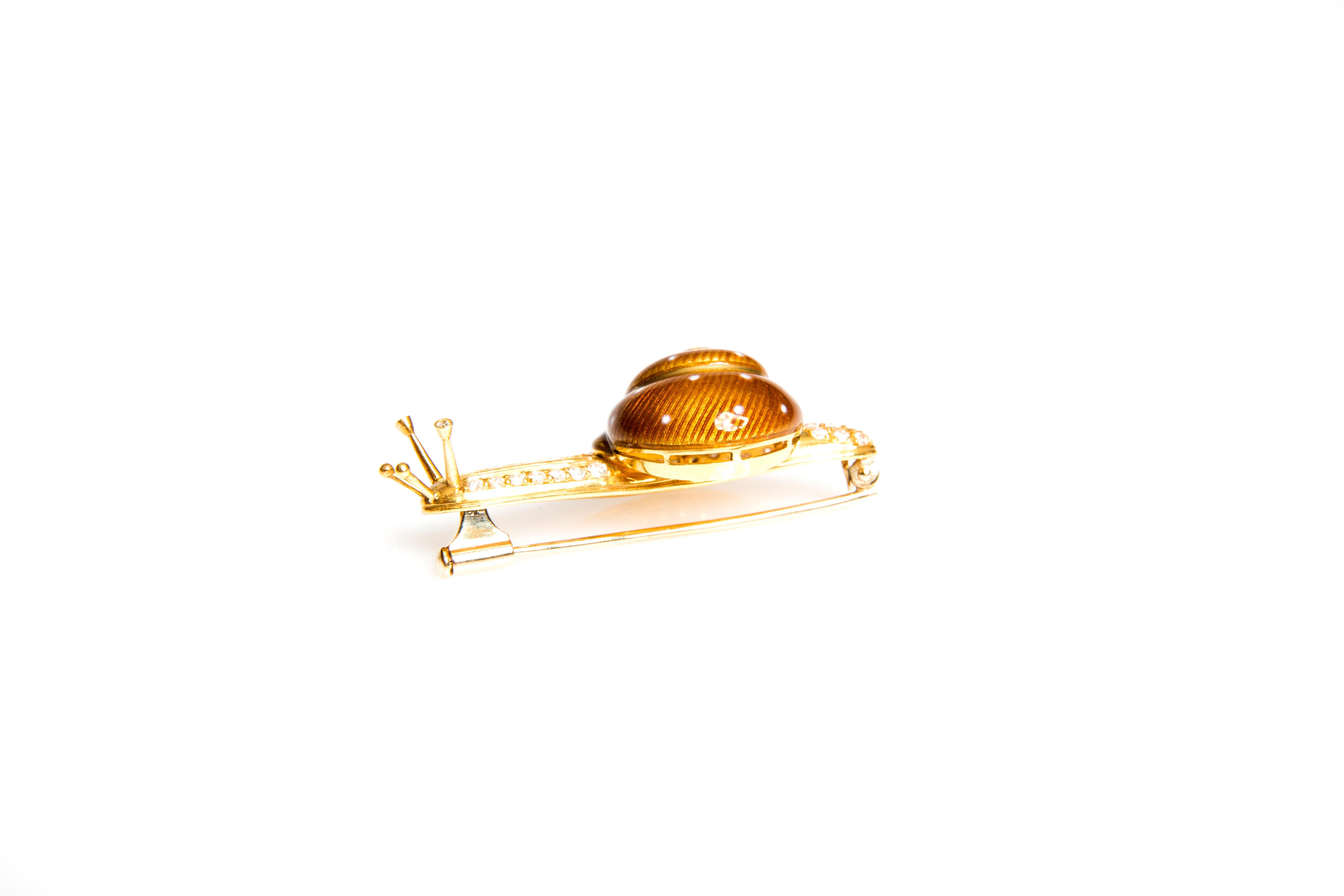 Contemporary Sea Snail Enamel, Diamond and Yellow Gold Brooch For Sale