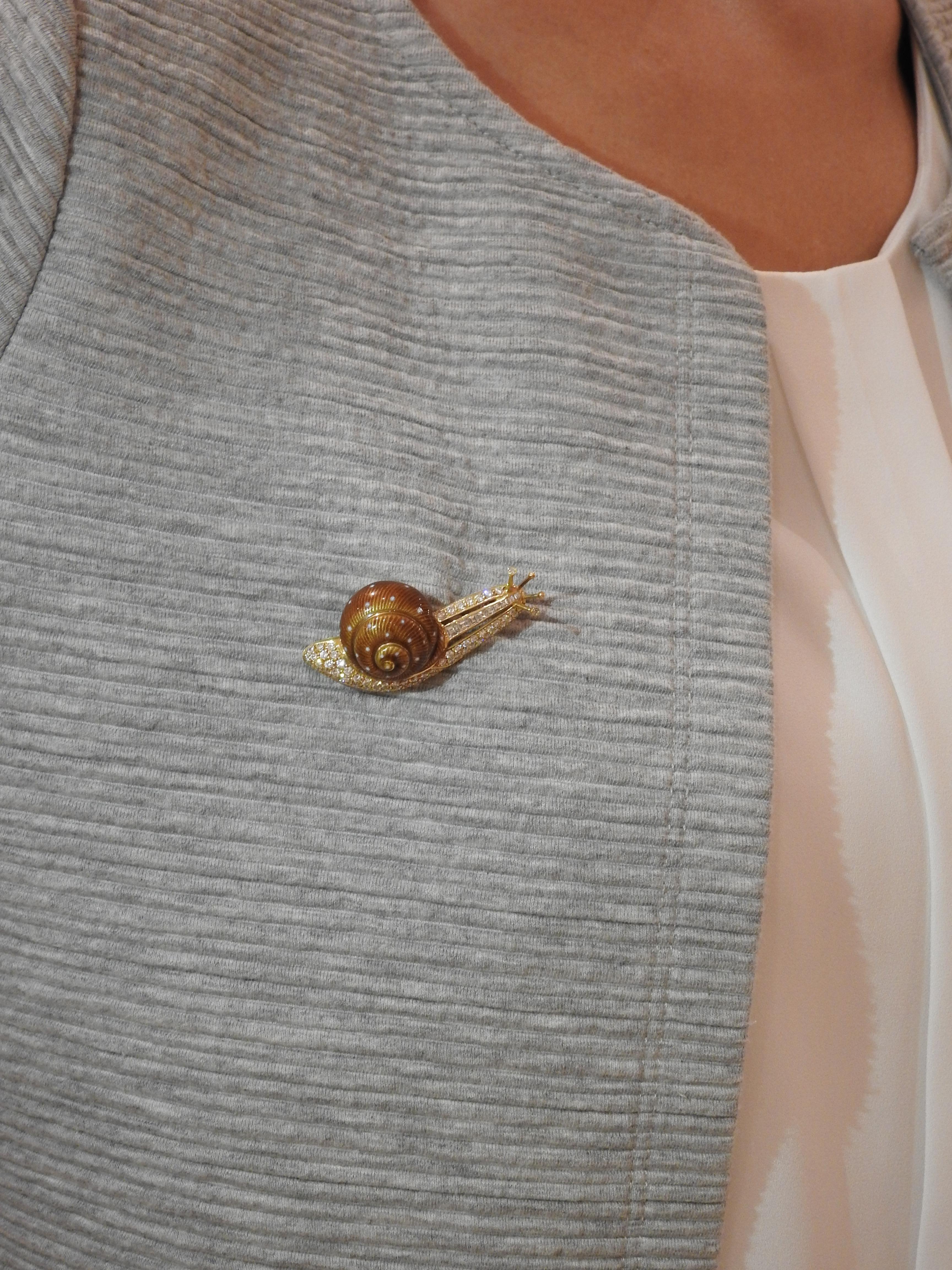Women's or Men's Sea Snail Enamel, Diamond and Yellow Gold Brooch For Sale